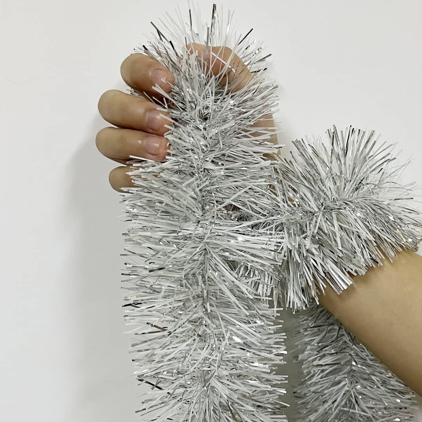 25 ft Long Roll Silver & White Tinsel Twist Garland, Shiny Metallic Foil Decorations for Halloween, Parade Floats, Christmas Eve, New Year Parties (4" x 25' roll, Silver & White)