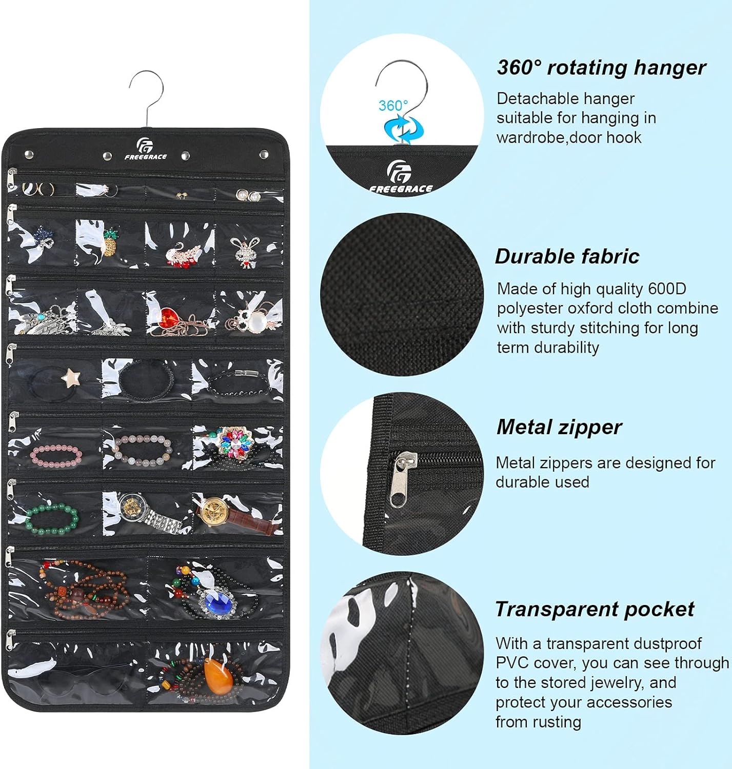 Freegrace Hanging Jewelry Organizer Revolving Hanger - Secure Zipper Closure - 50 Pockets - Foldable Storage & Display Solution - for All Jewelry & Bijoux (Black)