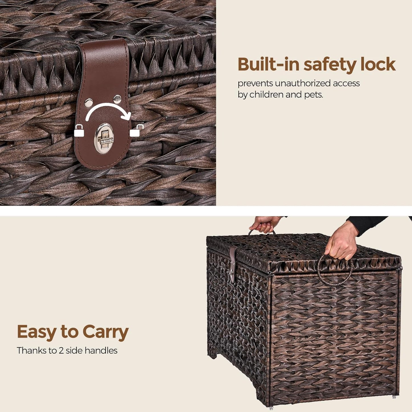 Handwoven Storage Basket with Lid, 165L Plastic Rattan Storage Bin, Leather Buckle & Metal Frame, Large Metal Ring Handles, Storage Trunk for Bedroom, Laundry Room