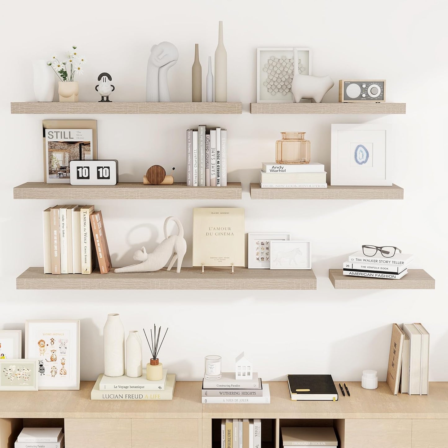 48 Inch Floating Shelves, 3D Textured Wood Grain, 48"x9.25"x1.5" Inch Deep Floating Shelves for Wall, Wooden Shelves for Bathroom, Bedroom, Living Room, Vintage White Oak