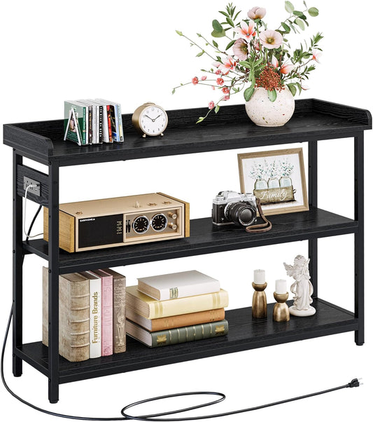IRONCK Console Table, Sofa Table with Power Outlet, Farmhouse Hallway Table for Entryway, Living Room, Height Adjustable, Easy Assembly, Vintage Black, 43"