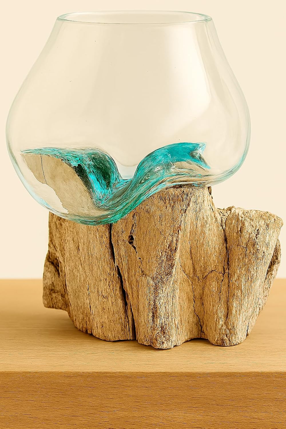 OMA Molten Glass on Driftwood – Hand Blown Vase, Terrarium, or Planter for Coastal & Boho Home Décor Centerpieces (6" - 7" High)