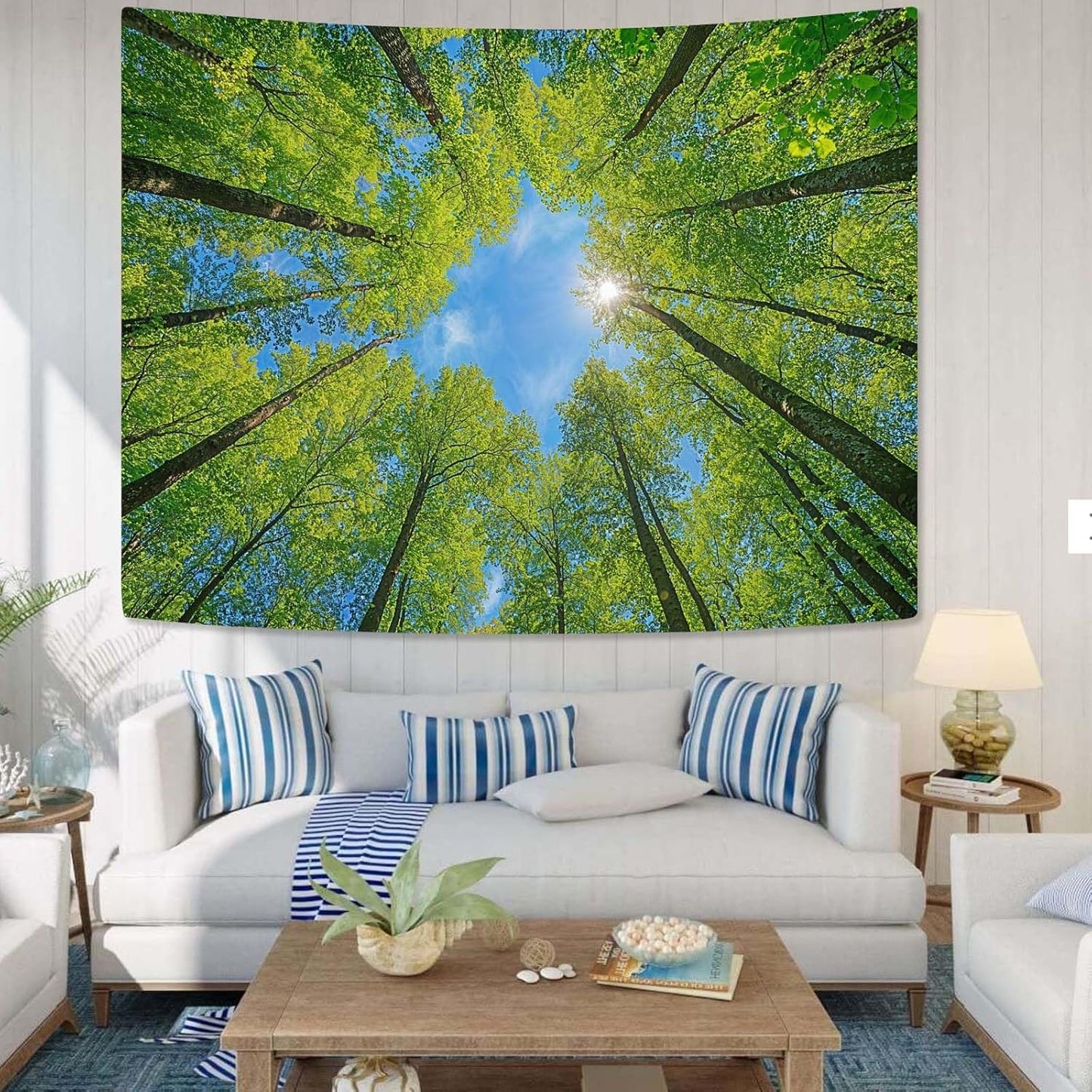 AMM Nature Forest Tree Celling Tapestry Lush Green Treetops Sunlit Tapestry for Bedroom Aesthetic Sky Sunlight Canopy Leaves Landscape Tapestries Wall Hanging for Living Room Dorm Office 48 x 36 Inch