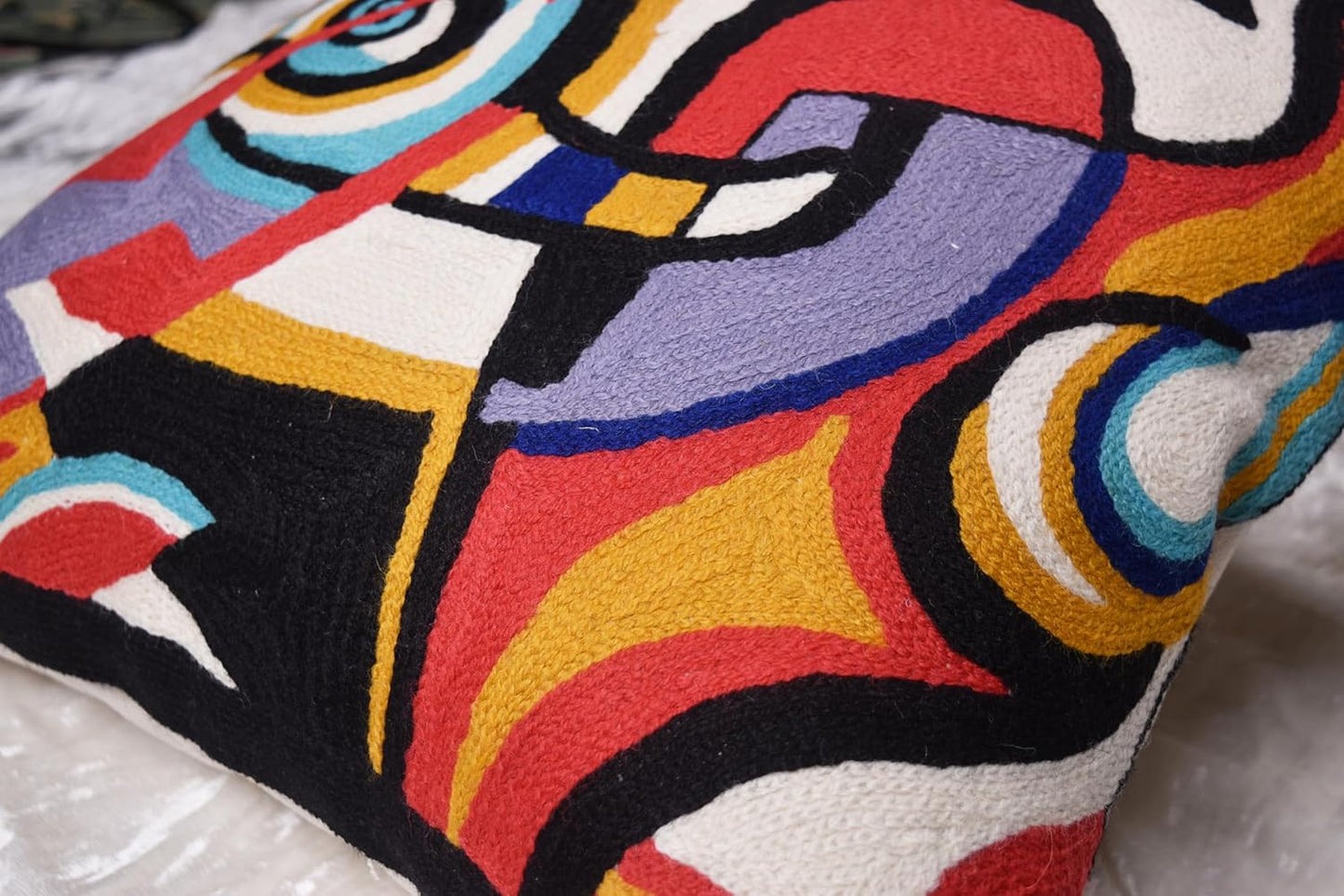 Kandinsky Improvisation Modern Decorative Pillow Cover Black Abstract Toss Pillows Farmhouse Chair Cushion Contemporary Pillow Mid-Century Chair Cushions Hand Embroidered Pillow Wool Size 18x18