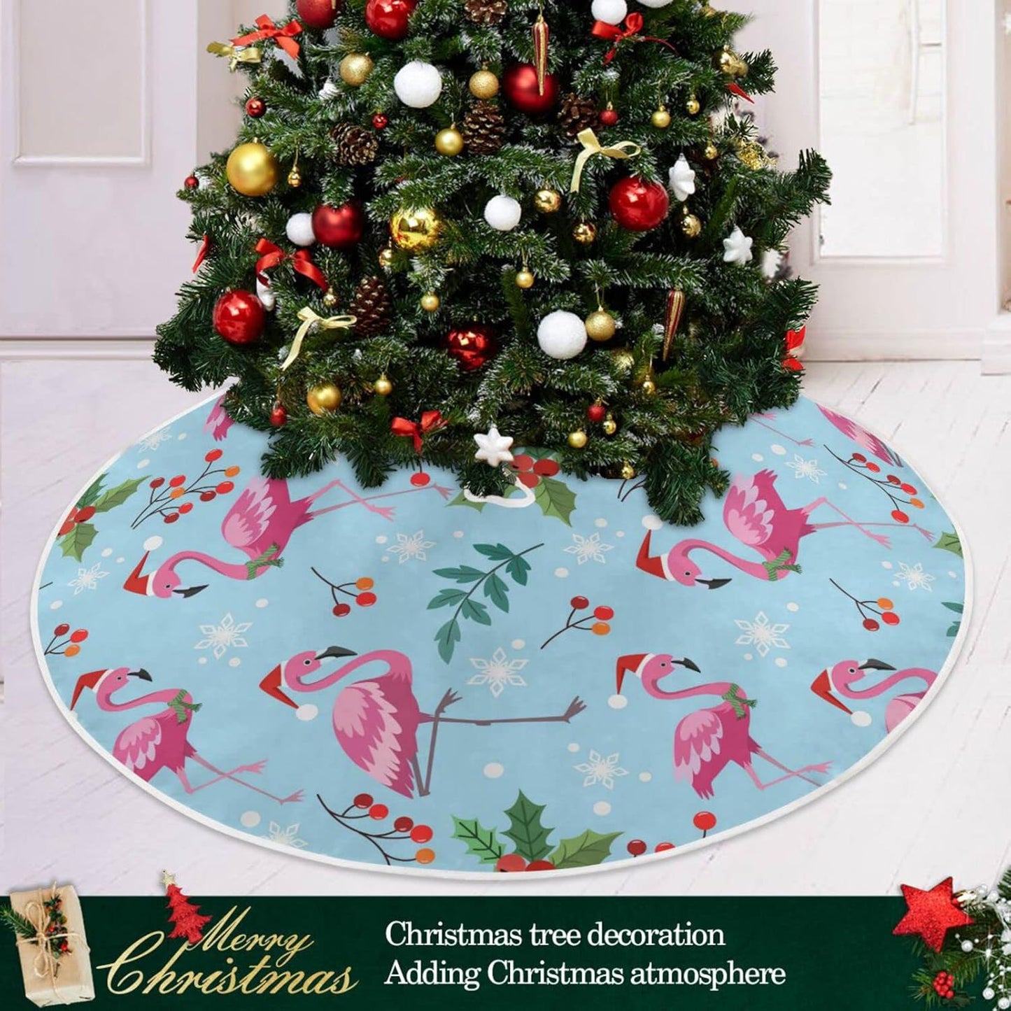 Christmas Flamingo Snowflake Tree Skirt, Seasonal Tree Mat Holiday Party Supplies Ornaments Indoor Outdoor Decorations for Tabletop Trees 47.2 Inches