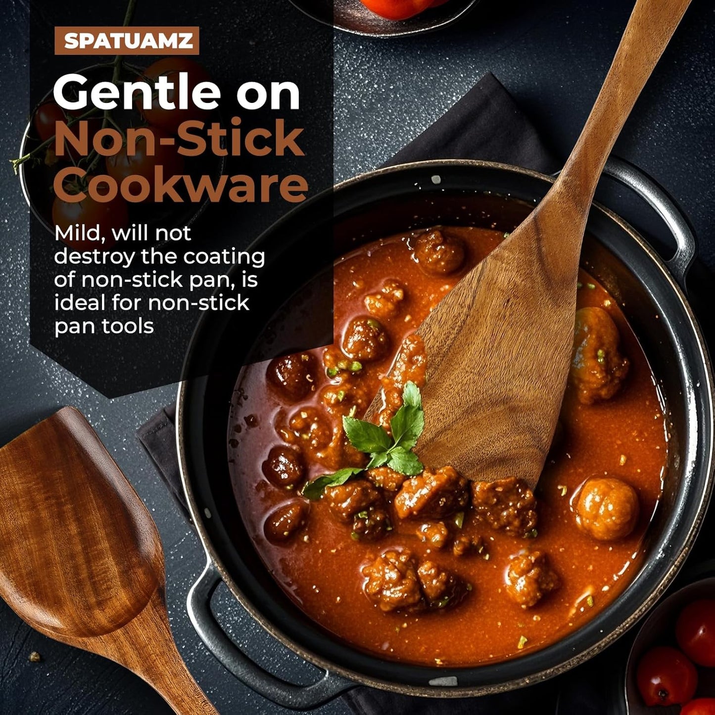 SPATUAMZ Wooden Spoons for Cooking, Teak Wood Kitchen Utensil Set for Nonstick Cookware, Durable Cooking Spatulas Set of 9 with Holder and Spoon Rest