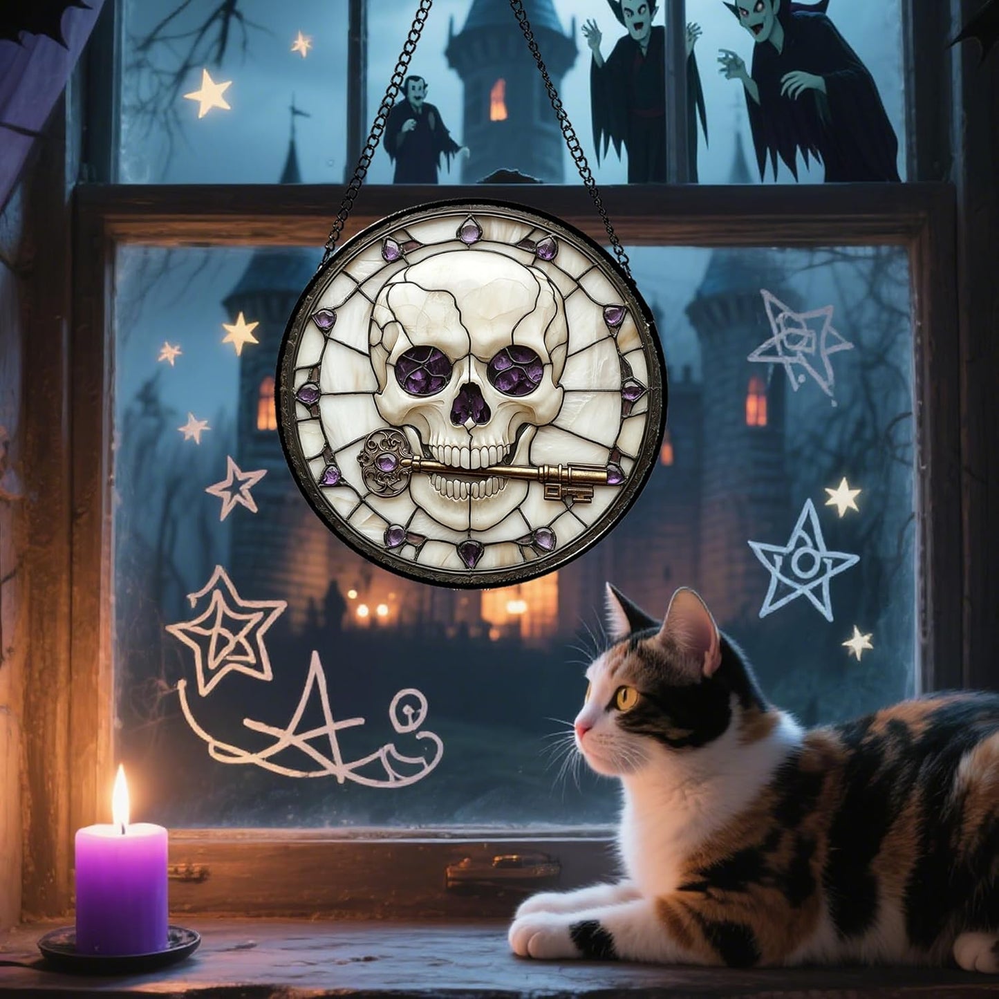 Stained Glass Window Hanging - Halloween Scary Skull Suncatcher for Doors Garden Home Spooky Purple Skeleton Key Sun Catchers Gothic Decor Horror Gifts for Women Men Friend Boy Girl 11.8 in