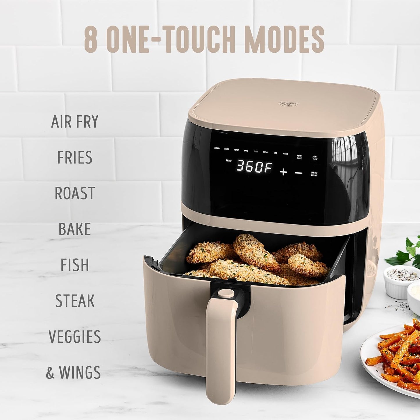 GreenLife Compact Electric Air Fryer Oven, 5.3 QT, PFAS-Free Ceramic Nonstick Drawer, 8 One Touch Digital Display, Easy View Window, Auto Shut-Off Timer, Dishwasher Safe Parts, 1500 Watts, Taupe
