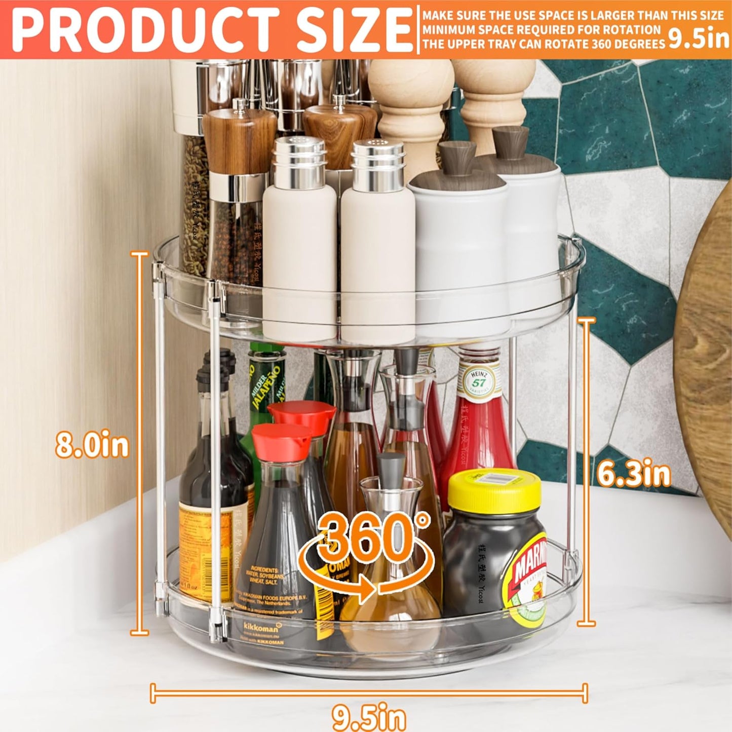 2 Tier Lazy Susan Turntable for Cabinet,Countertop,Pantry,9.5"W Spinning Seasoning Organizer,Double Rotating Kitchen Spice Rack Organizer and Condiments,Medicine,Vitamin Bottle Organizer Carousels,2Pc