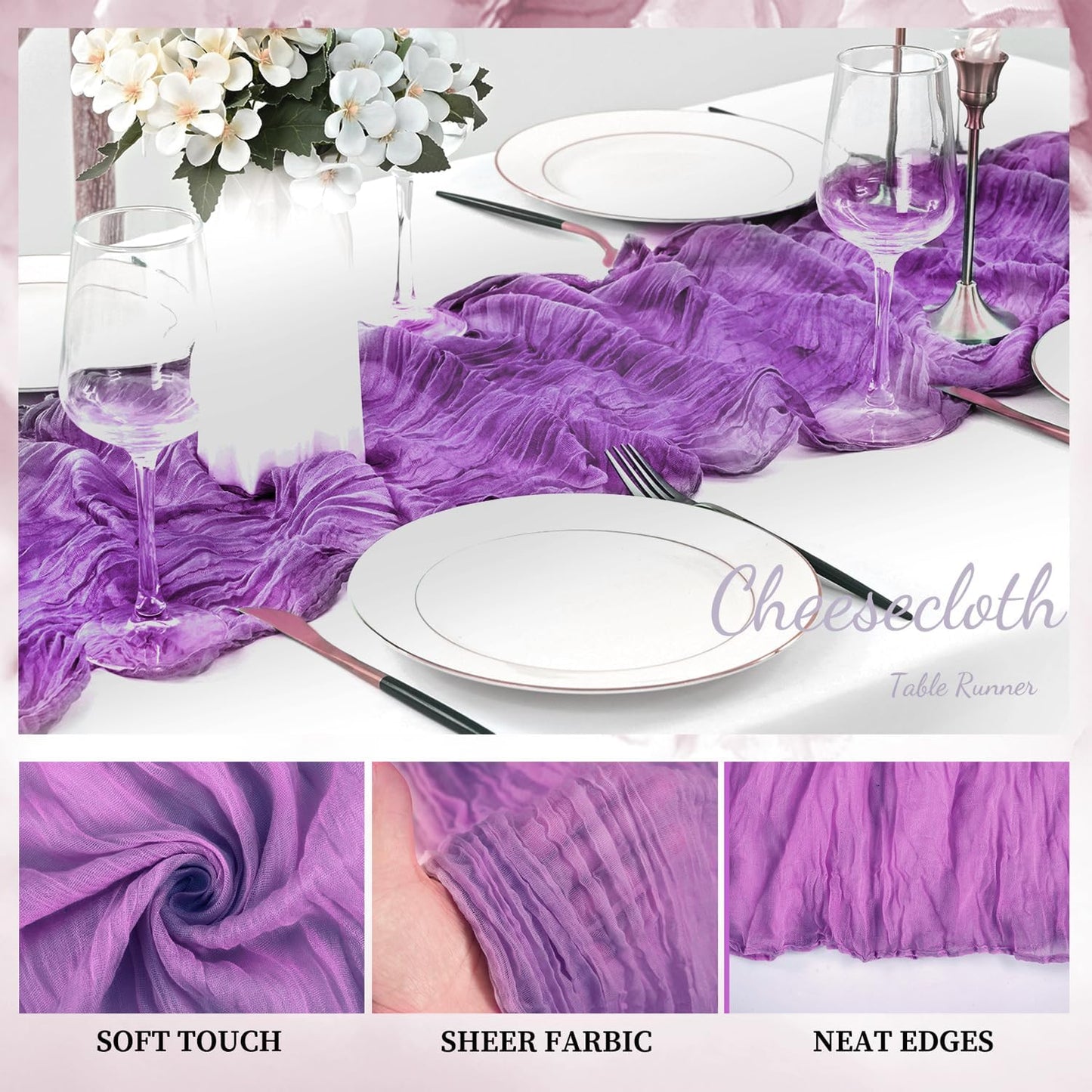 20 Pack Purple Cheesecloth Table Runner 10FT Boho Fabric Rustic Cheese Cloth Table Runner for Wedding Bridal Shower Baby Shower Gauze Sheer Birthday Party Table Decorations 20 x 120 Inch Long