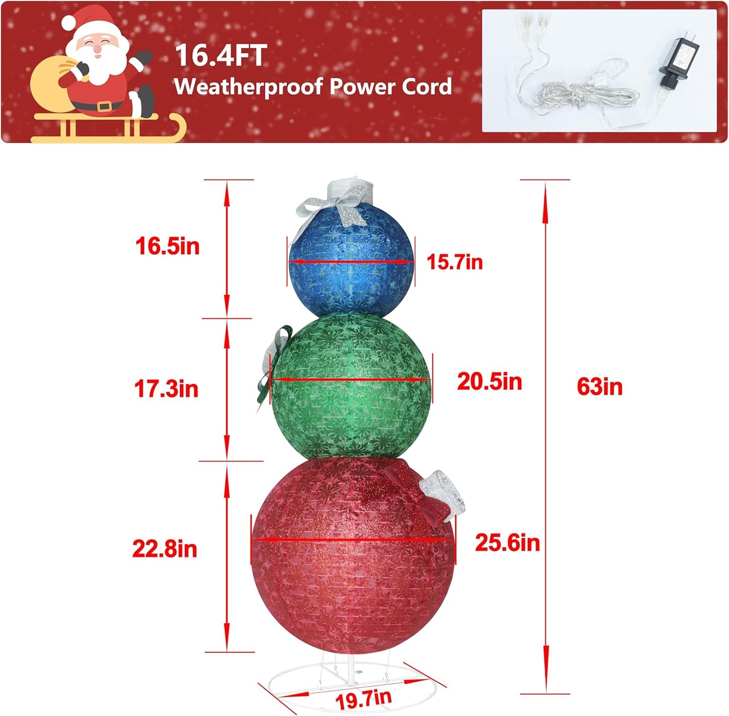 5FT Lighted Pop Up Stackable Ornaments for Christmas Decoration, 3D Pre-Lit Decor with 210 LED Lights with Easy Pop-Up Design, Freestanding Glittered Holiday Display for Outdoor, Indoor