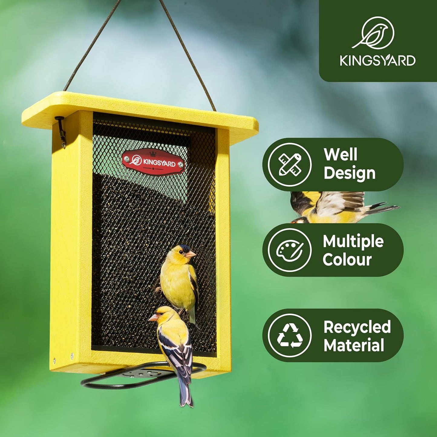 Kingsyard Metal Mesh Bird Feeder for Outdoors Hanging, Finch Feeder for Nyjer/Thistle, Sliding Mesh & Built-in Perch, Recycled Plastic, Yellow