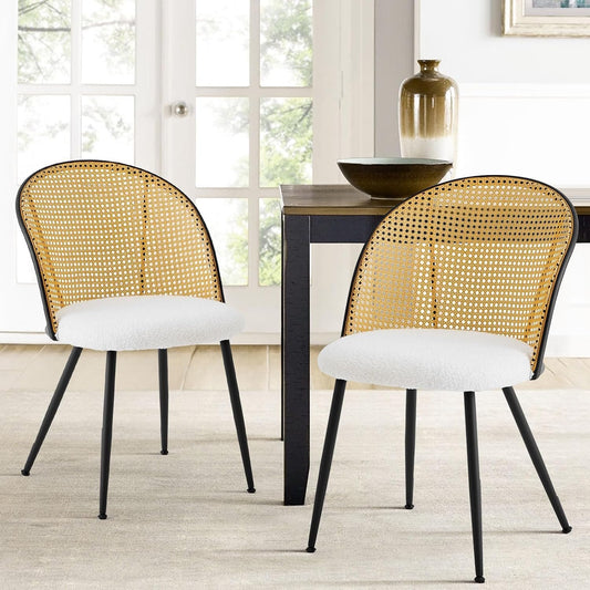 Rattan Dining Chairs Set of 2, Mid-Century Modern Kitchen Dining Room Chairs with Full Cane Backrest Armless Upholstered Farmhouse Boucle Dining Chairs with Metal Leqs for Dining Room, White