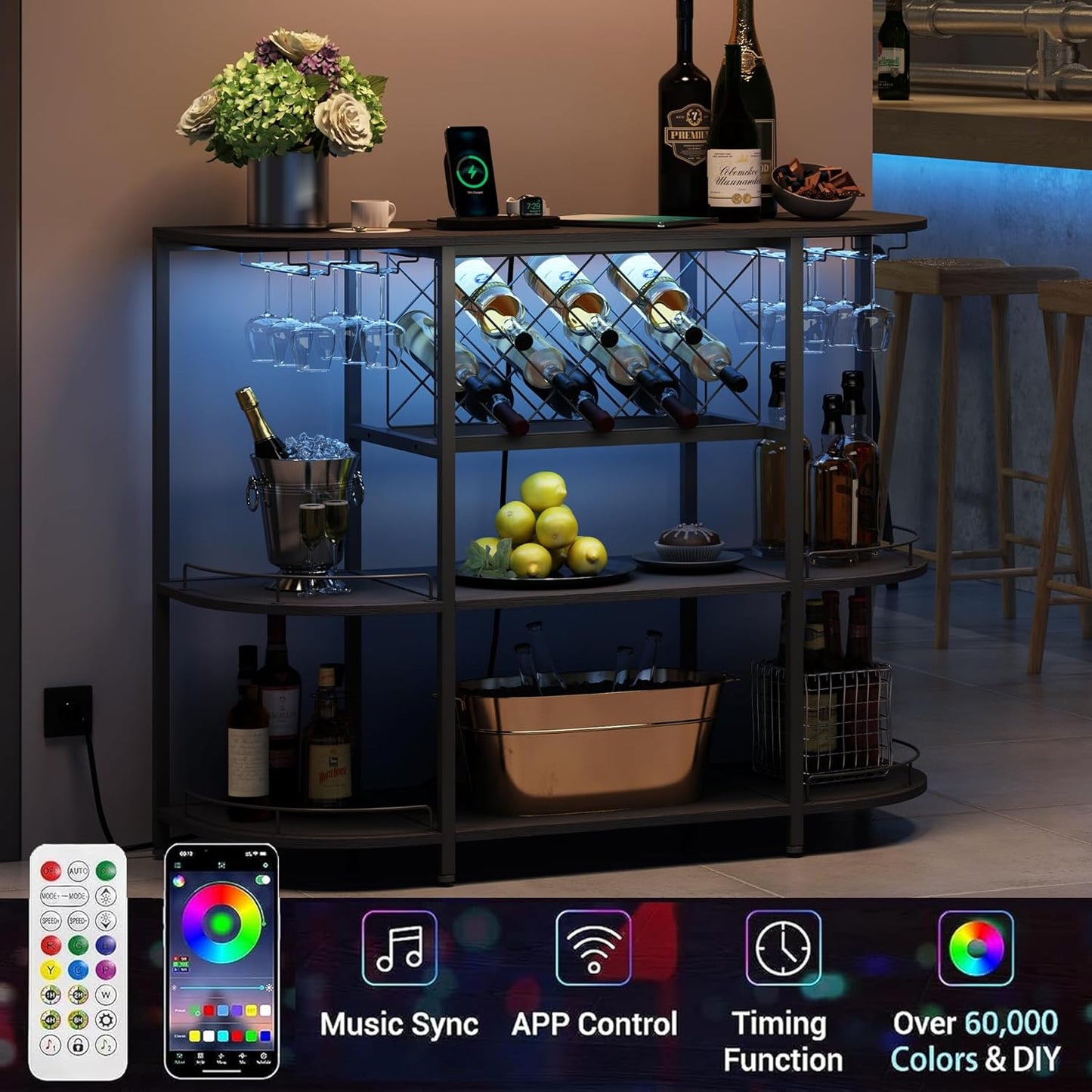 Wine Cabinet Coffee Table with Power Socket and LED Light, Three Tiers Coffee Bar Table Wine Rack Liqour Bar with Large Storage for Home Kitchen (Black)