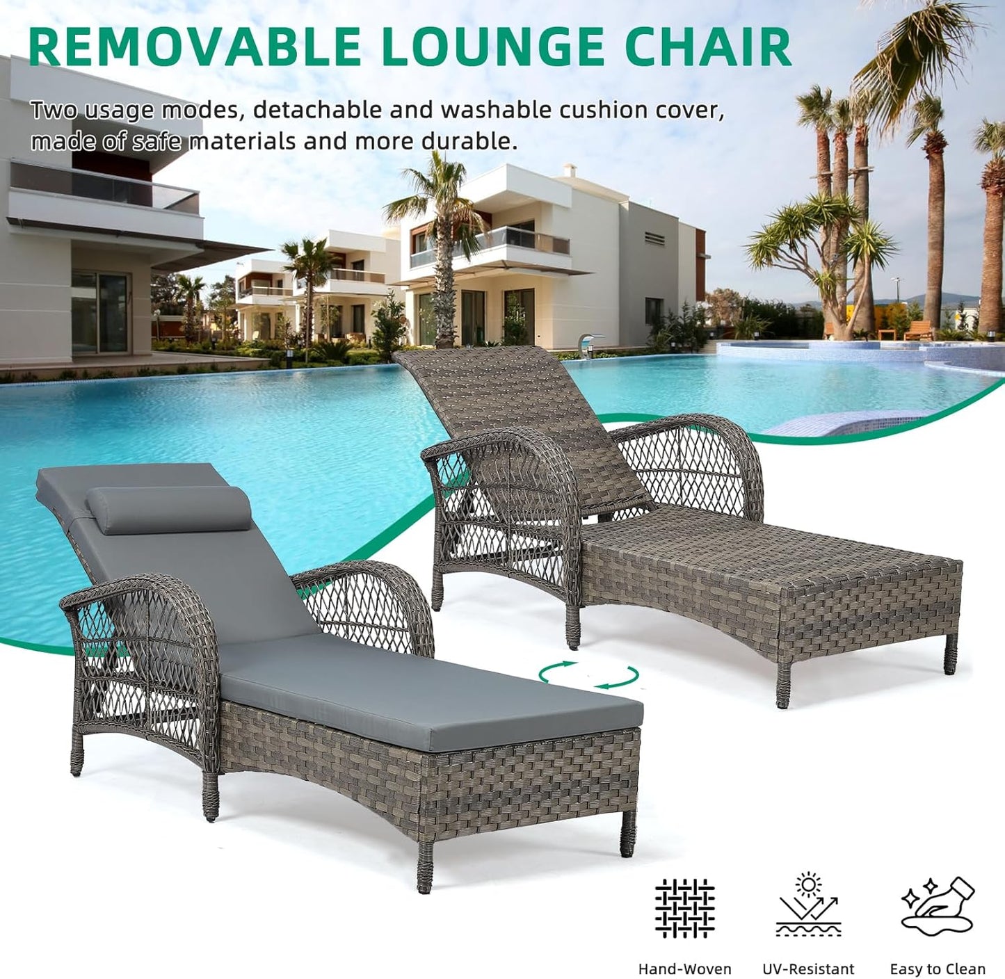 VIVIJASON Outdoor Wicker Chaise Lounge Chair, All-Weather PE Rattan Cushioned Patio Lounger Set with Side Table, 6-Position Adjustable Outside Pool Sunbathing Recliner with Armrest & Pillow, Gray