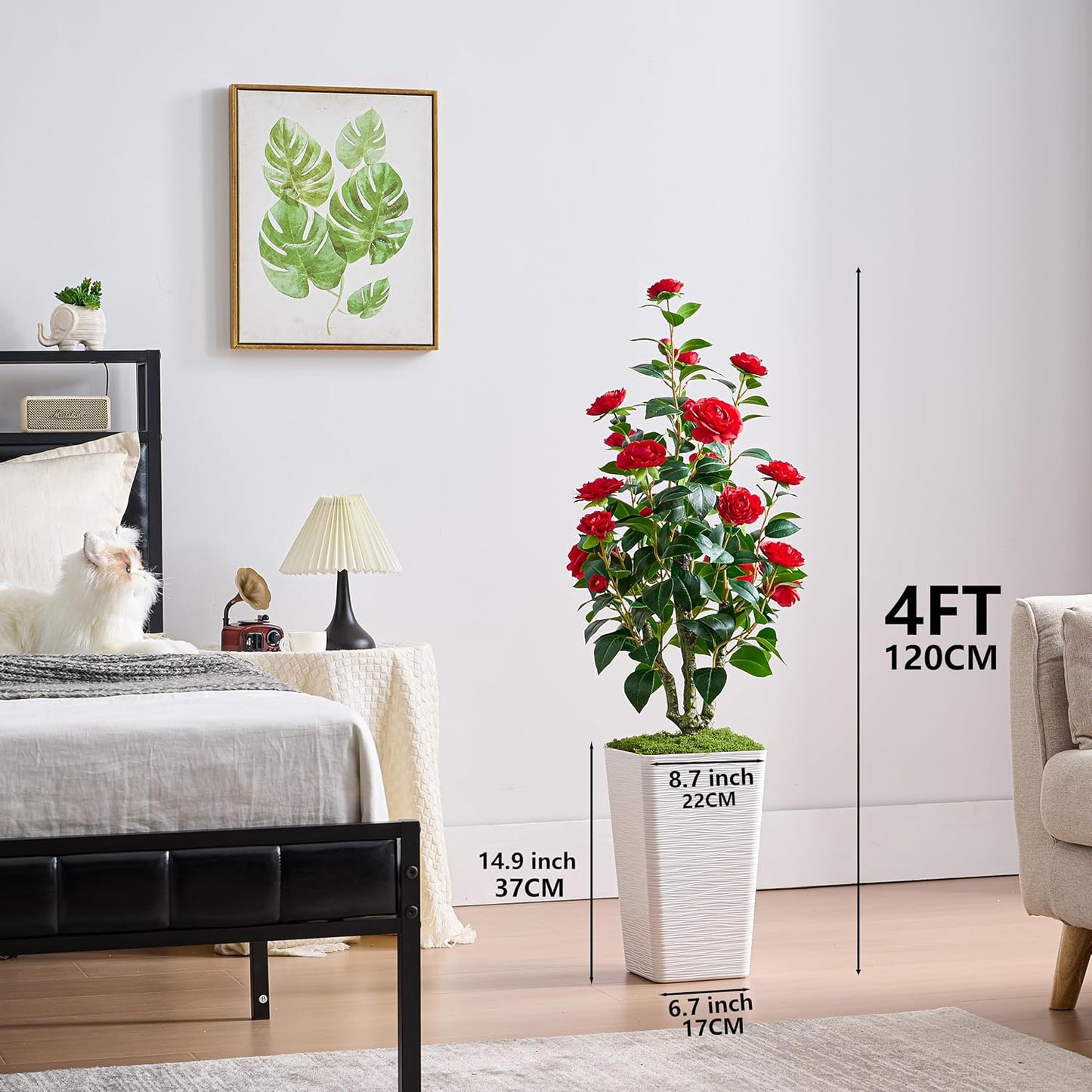 Artificial Camellia Tree 4FT Faux Trees Indoor Fake Floral Plant Blooming Tree with Red Flowers & White Tall Planter, Faux Camellia Plants for Porch Home Room Bedroom Office Front Door Outdoor Decor