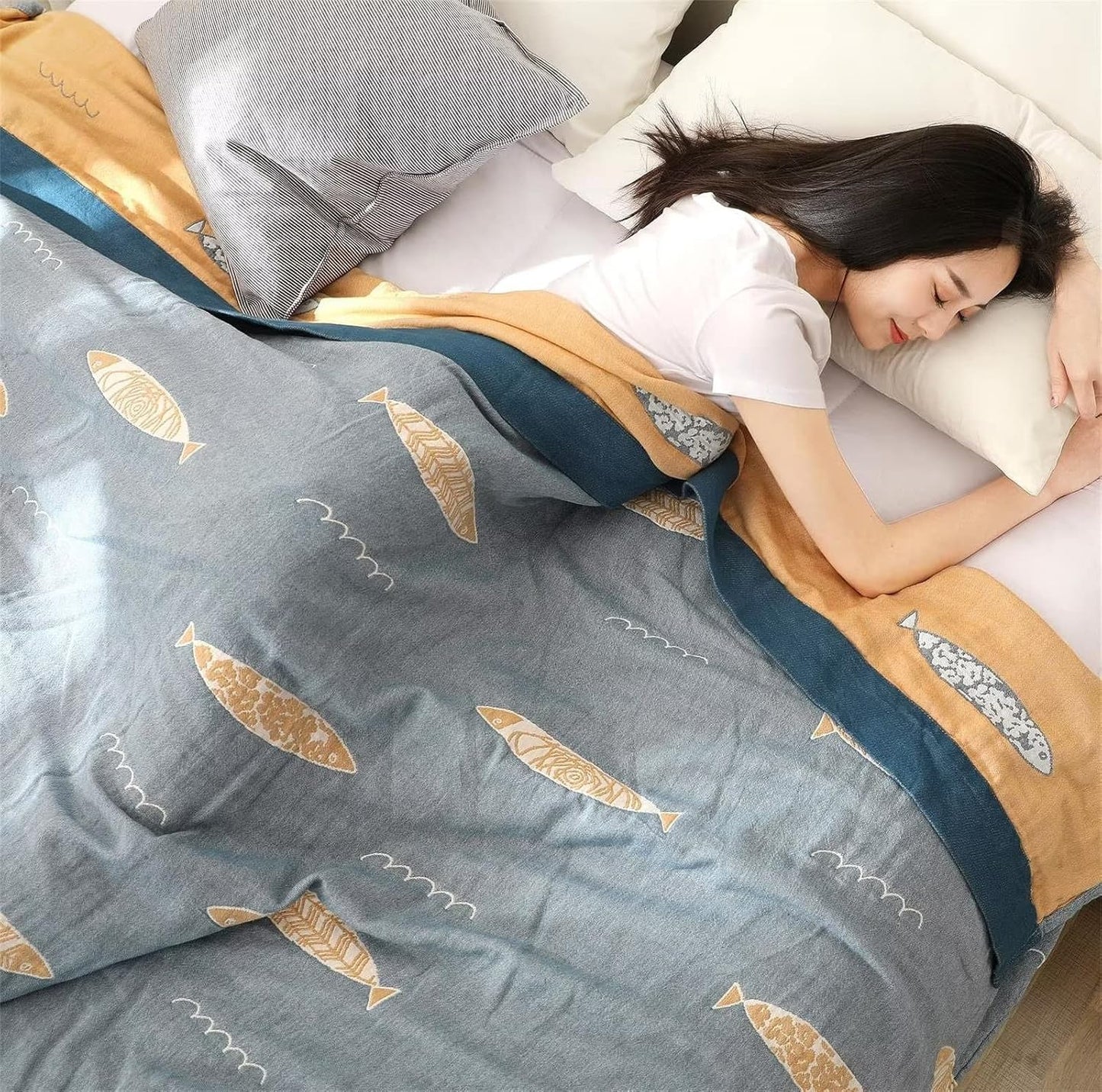 MSGKV Boho Throw Blanket 100% Cotton Woven Blanket for Couch Sofa Bed Double Sided Knit Throw Reversible Summer Blanket 80''Wx 90''L