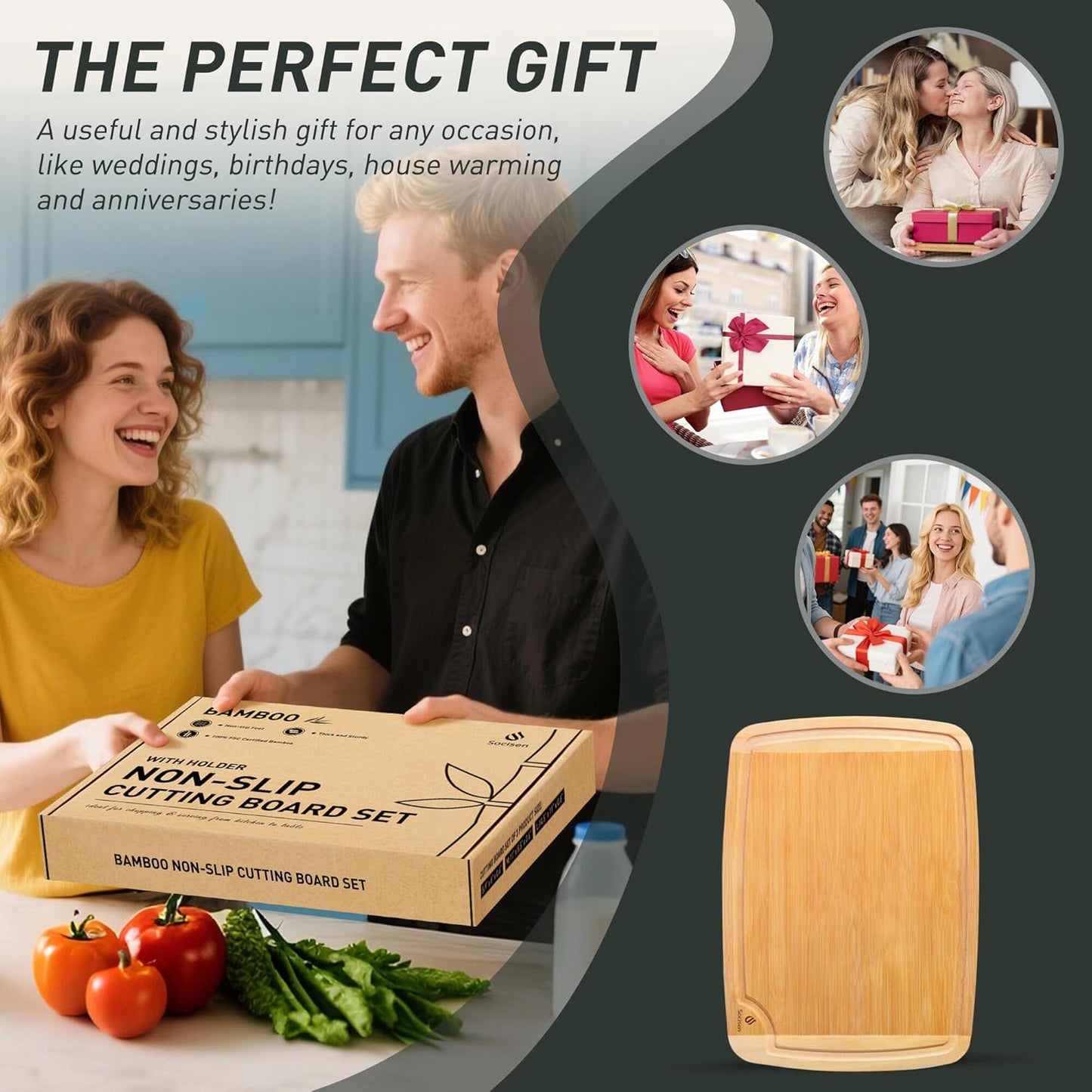 3 packs Bamboo Cutting Board Set Non Slip Feet Over Sink For Kitchen Meal Prep & Serving Brides Her Wedding Day Bridal Shower Engaged Wed House Christmas Married Future Unique Cool Gifts