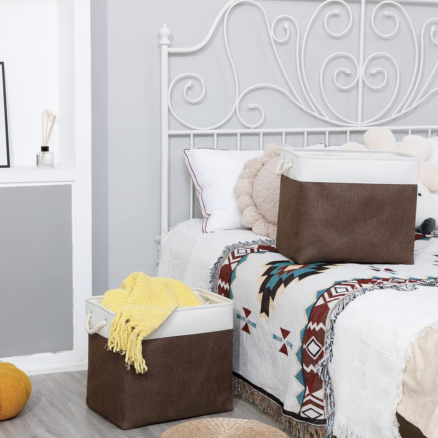 Bidtakay Baskets for Organizing Set of 2 Extra Large Fabric Storage Bins 17x12x15 in Collapsible Laundry Baskets Blanket Basket with Soft Handles Rustic Decorative Stair Basket Dog Toy Bins