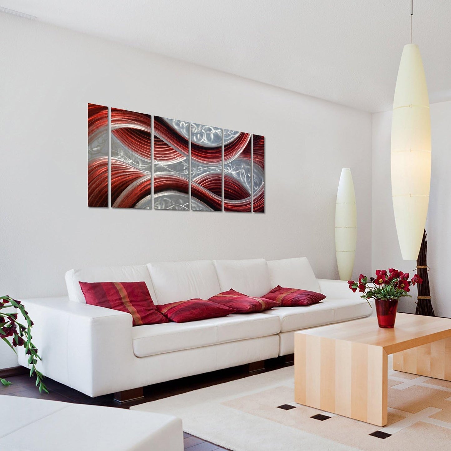 Handmade Abstract Metal Wall Art with Soft Color, Large Scale Decor in Dark Red Line Design Metal Art, 3D Artwork for Indoor Outdoor Wall Decorations, Decorative hanging in 6-Panels Measures 24"x 65"