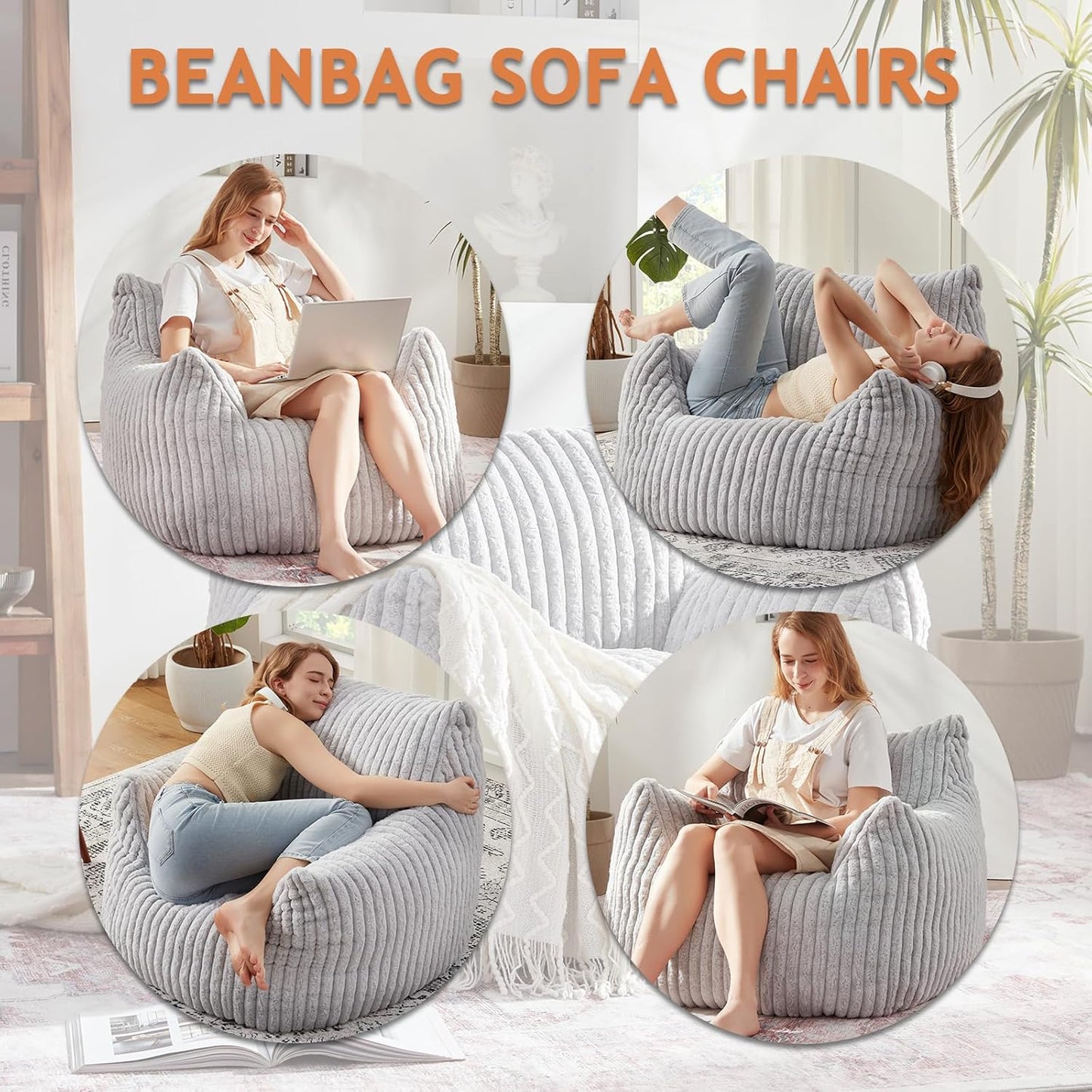 Giant Bean Bag Chairs for Adults with Filling Plush Fluffy Bean Bag Chairs for Teens with Armrests Comfy BeanBag Lazy Couch Sofa Chair for Bedroom Living Room Reading