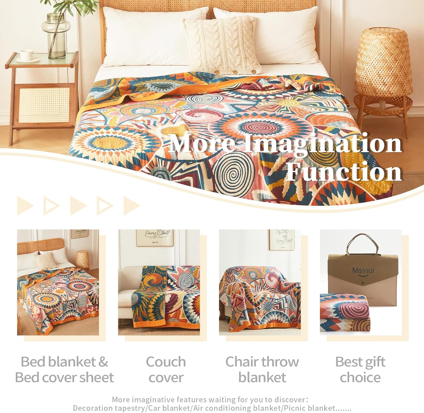 Vintage Throw Blanket Pure Cotton Soft Cozy Breathable Blanket for Couch Reversible Floral Printed Outdoor Throw Blanket Home Decor (60"x80",03-Colorful Art)