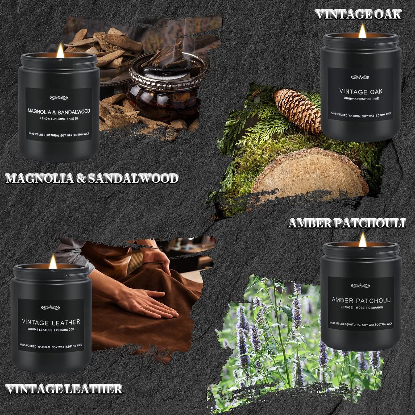 Scented Candles Gifts, Gift for Men, 4 Pack Candles Set, Soy Candle for Home Scented, Birthday Gifts Candle Set for Men Scents of Magnolia Sandalwood/Oak/Amber Patchouli/Leather