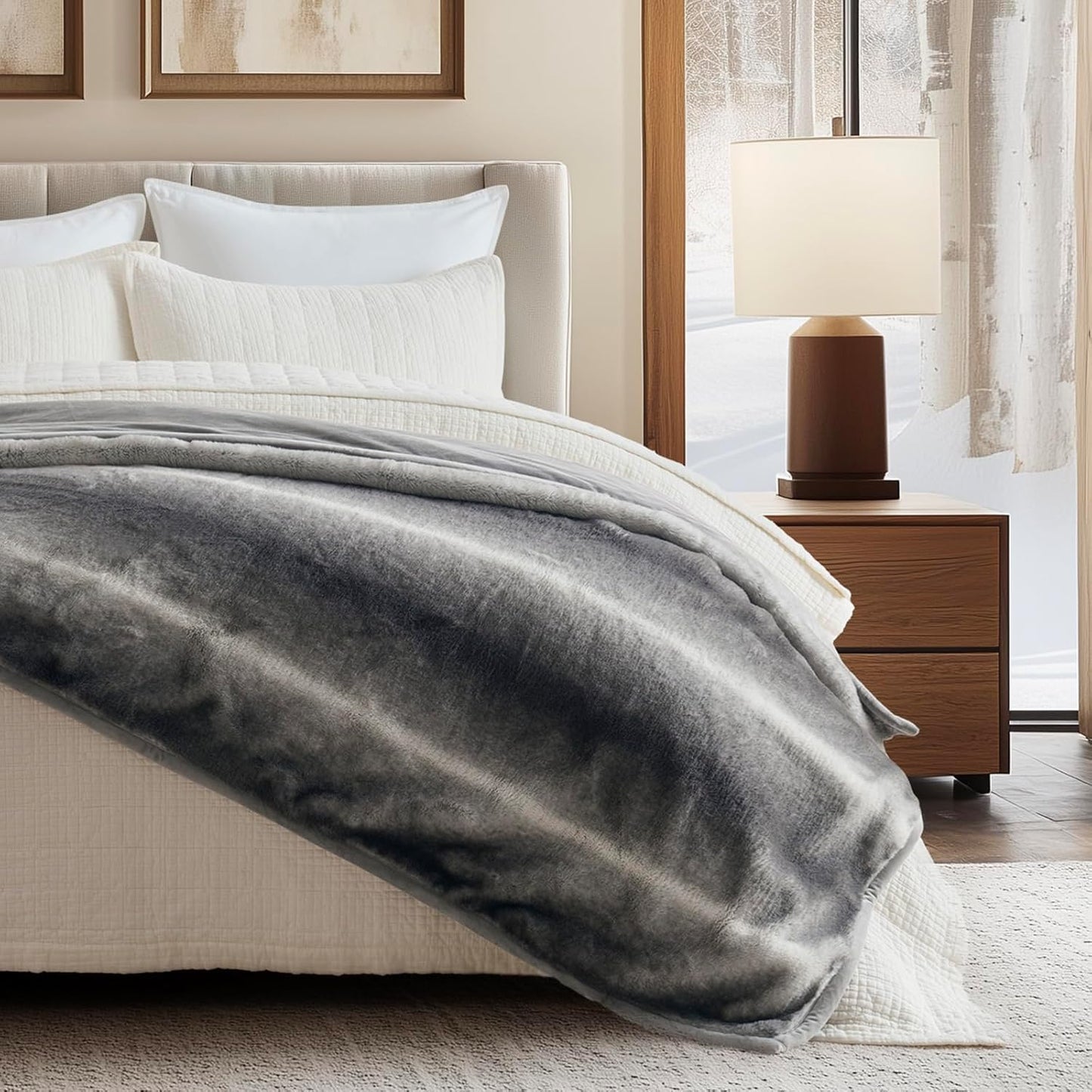 Ultra Soft Luxury Fluffy Mink Faux Fur Throw Blanket, Thick Warm Fall Winter Blankets for Bed, Couch, Cozy Plush Reversible Blanket for Chair, Sofa (Ombré Silver Onyx, 60"x80")