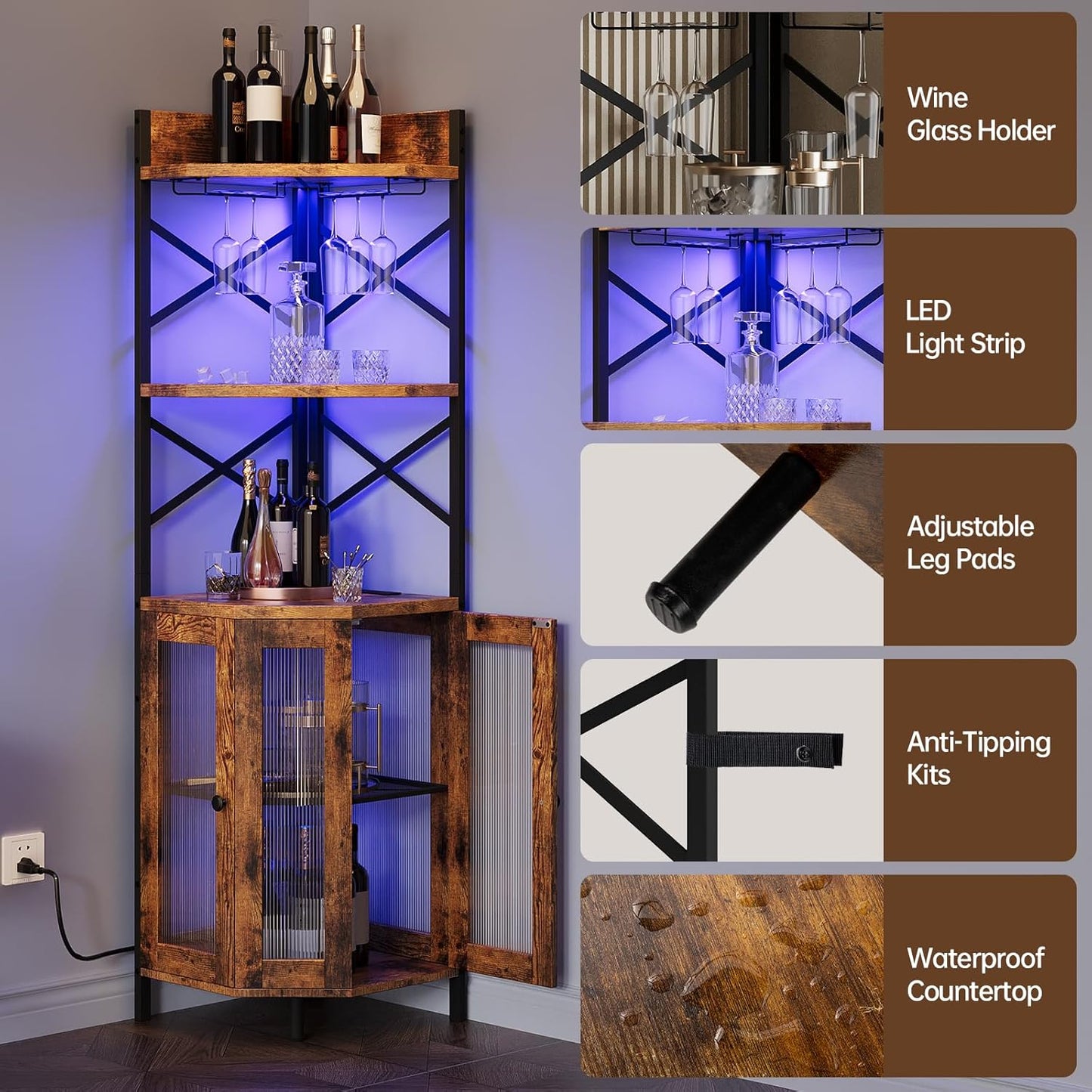 Corner Bar Cabinet with Power Outlet, 5-Tier Corner Wine Cabinet with Led Strip and Glass Holder, Industrial Tall Liquor Cabinet Bar Wine Rack for Home, Rustic Brown
