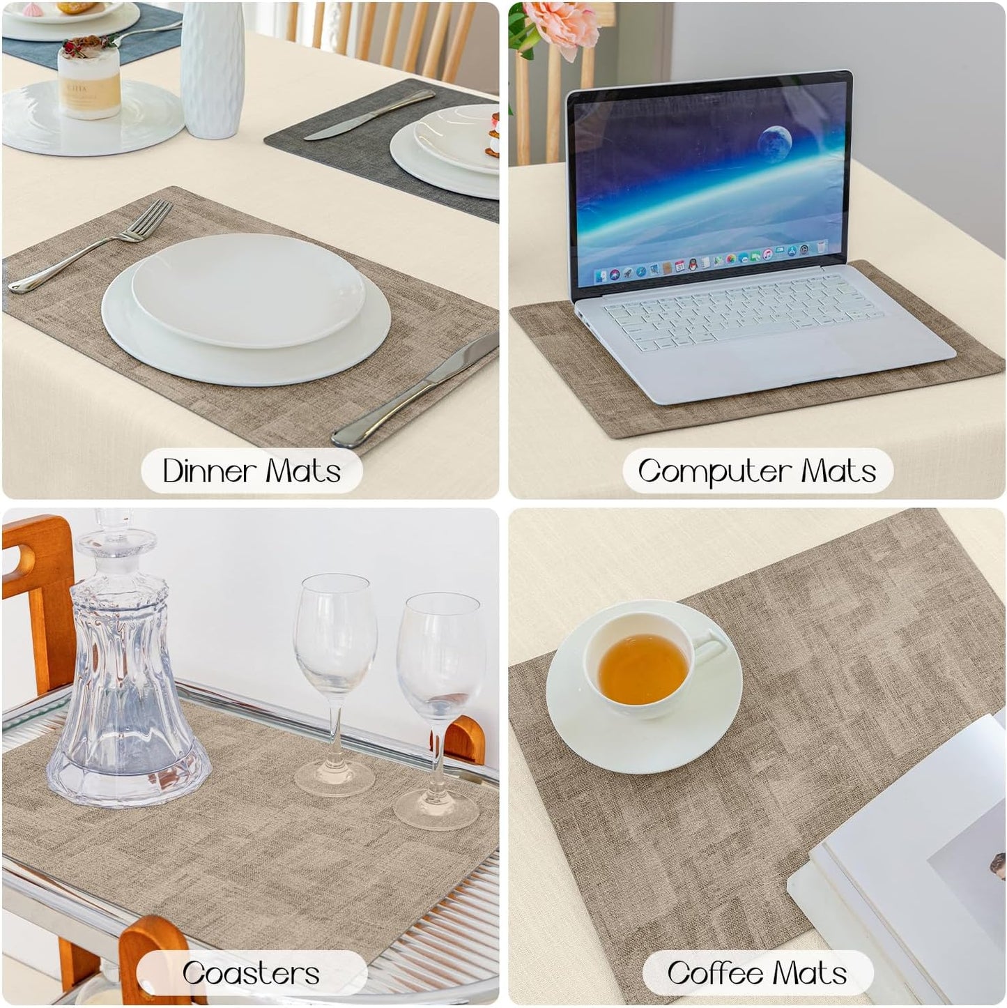 Romanstile Reversible Vinyl Placemats Set of 8, Faux Leather 100% Waterproof Oil-Proof Wipeable Place Mats, Heat Resistant Dual Sided Table Mats for Kitchen/Dining/Party (Grey Khaki, 12 x 17 Inch)