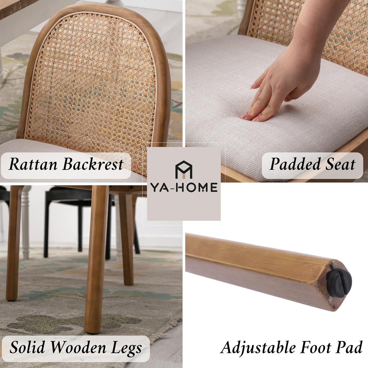 Mid Century Dining Chairs Set of 6, Accent Rattan Linen Fabric Side Chairs Kitchen Chair with Solid Wooden Legs for Living Room Dining Room, Beige