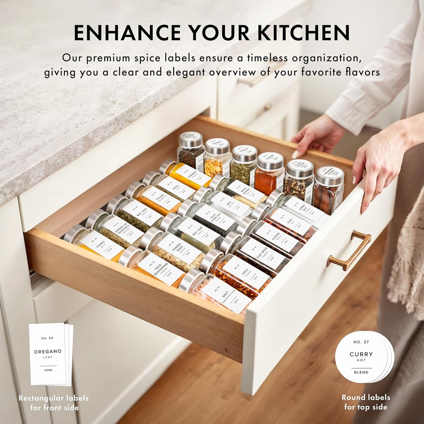 Glass Spice Jars with Label and Stainless Steel Lids (24 x 4oz) Spice Containers with 240 Labels, Shaker Inserts, Steel Funnel, Empty Square Empty Square Seasoning Organizer (White)