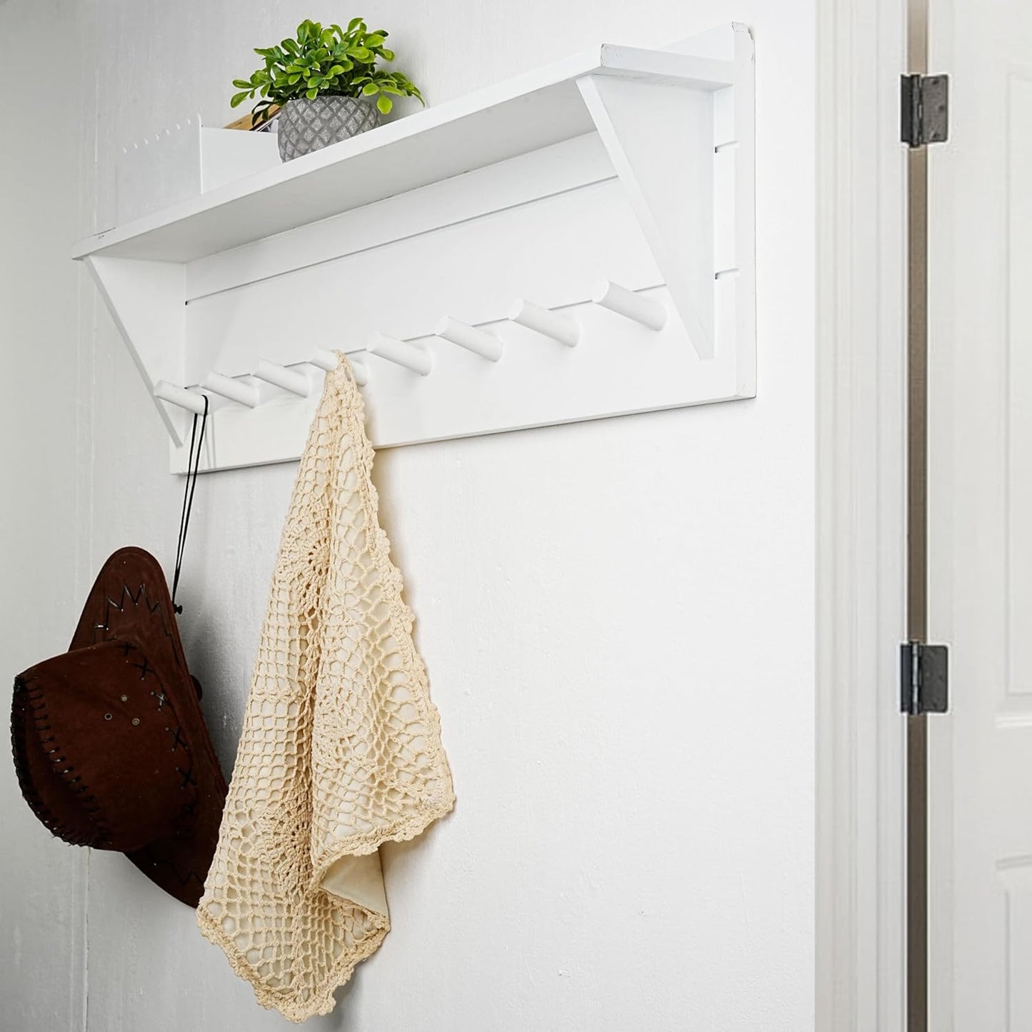 WEBI Coat Rack Wall Mount with Shelf,8 Peg Hooks,34" Long Entryway Wall Shelf with Hooks Underneath for Hanging Coats,Caps,Jacket,Clothes,White