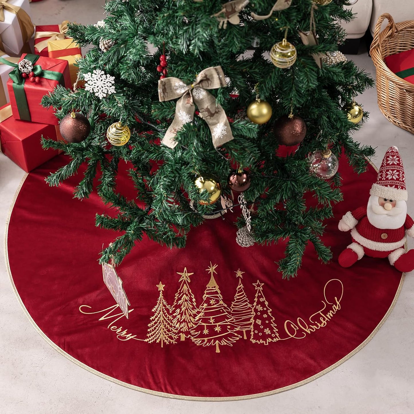 CROWNED BEAUTY Christmas Tree Skirt Red Velvet Collar 50 Inch Embroidered Gold Pine Trees Soft Plush Fur Holiday Decoration (Red) TS36-50
