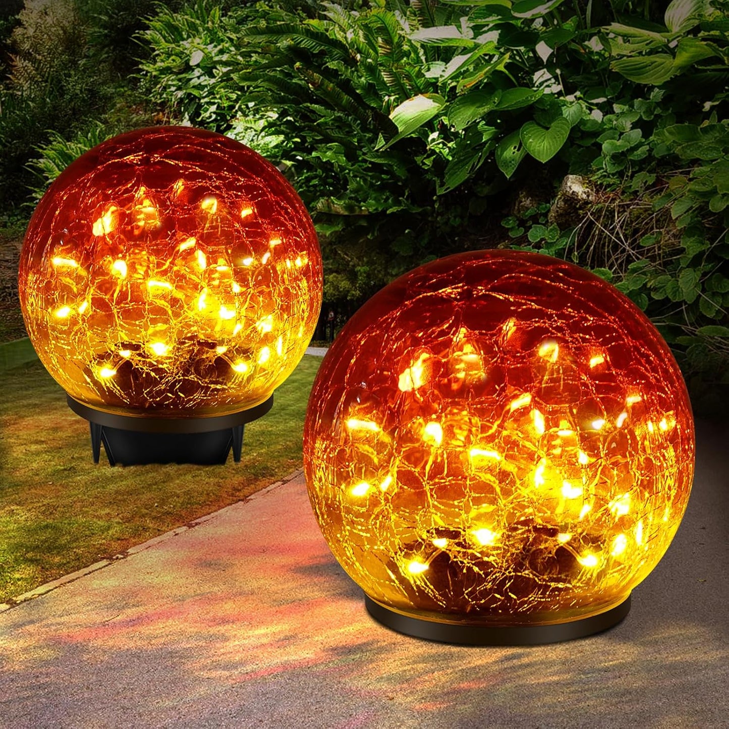 2 Pack Garden Solar Lights Outdoor Decorative, 60 LED Gradient red Cracked Glass Solar Globe Lights, Upgraded Waterproof Ball Lights for Yard Pathway Patio Christmas Outside Decor, 4.73"