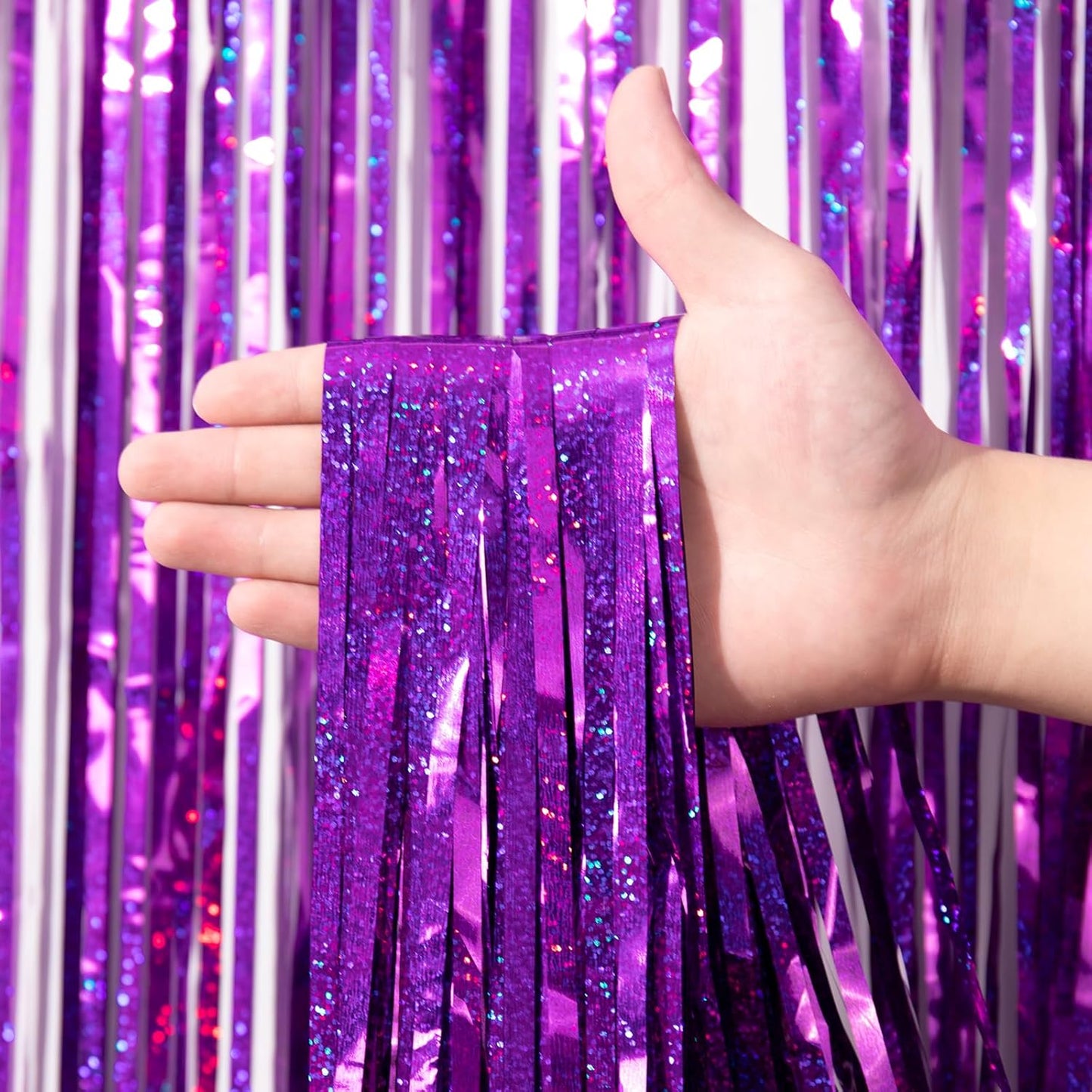 3 Pack 3.3 x 8.2 ft Laser Purple Foil Fringe Backdrop Curtains, Tinsel Streamers Birthday Party Decorations, Fringe Backdrop for Graduation, Baby Shower, Gender Reveal, Disco Party