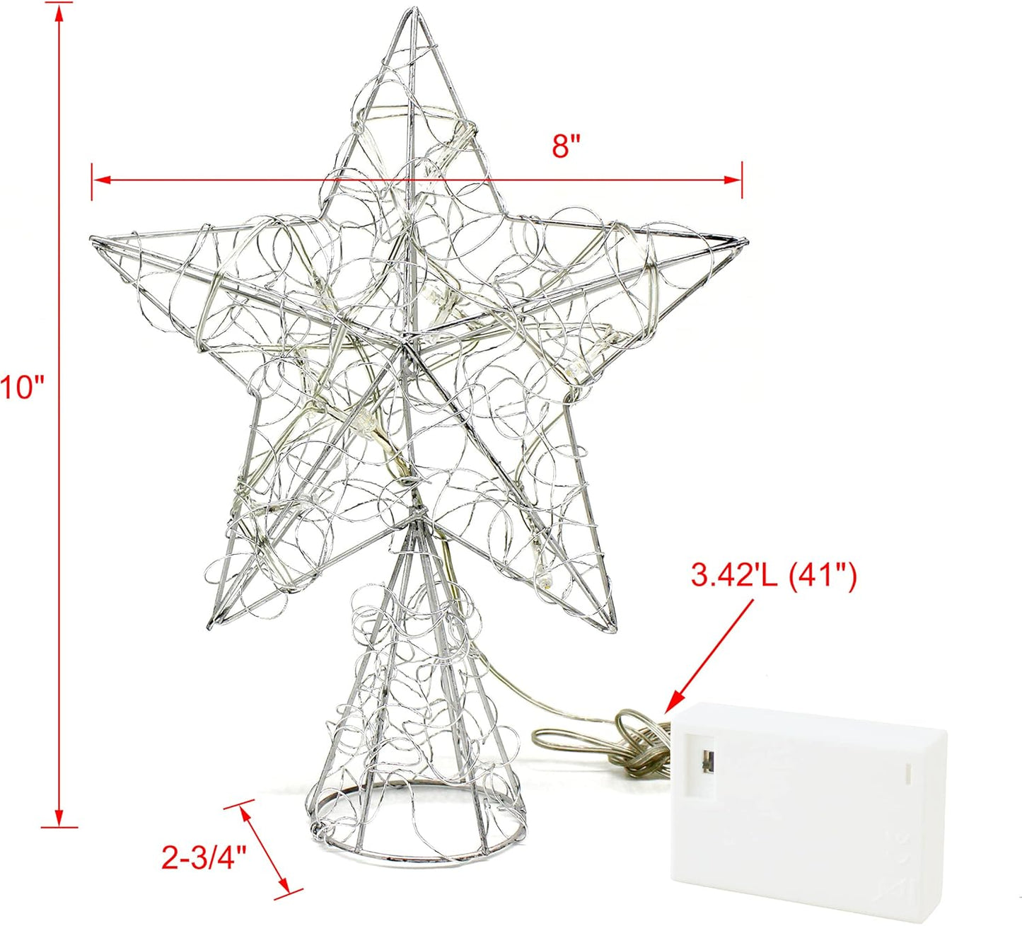 CVHOMEDECO. Silver Wire Twine Tree Top Star with Bright White LED Lights and Timer for Christmas Ornaments and Holiday Seasonal Décor, 8 x 10 Inch