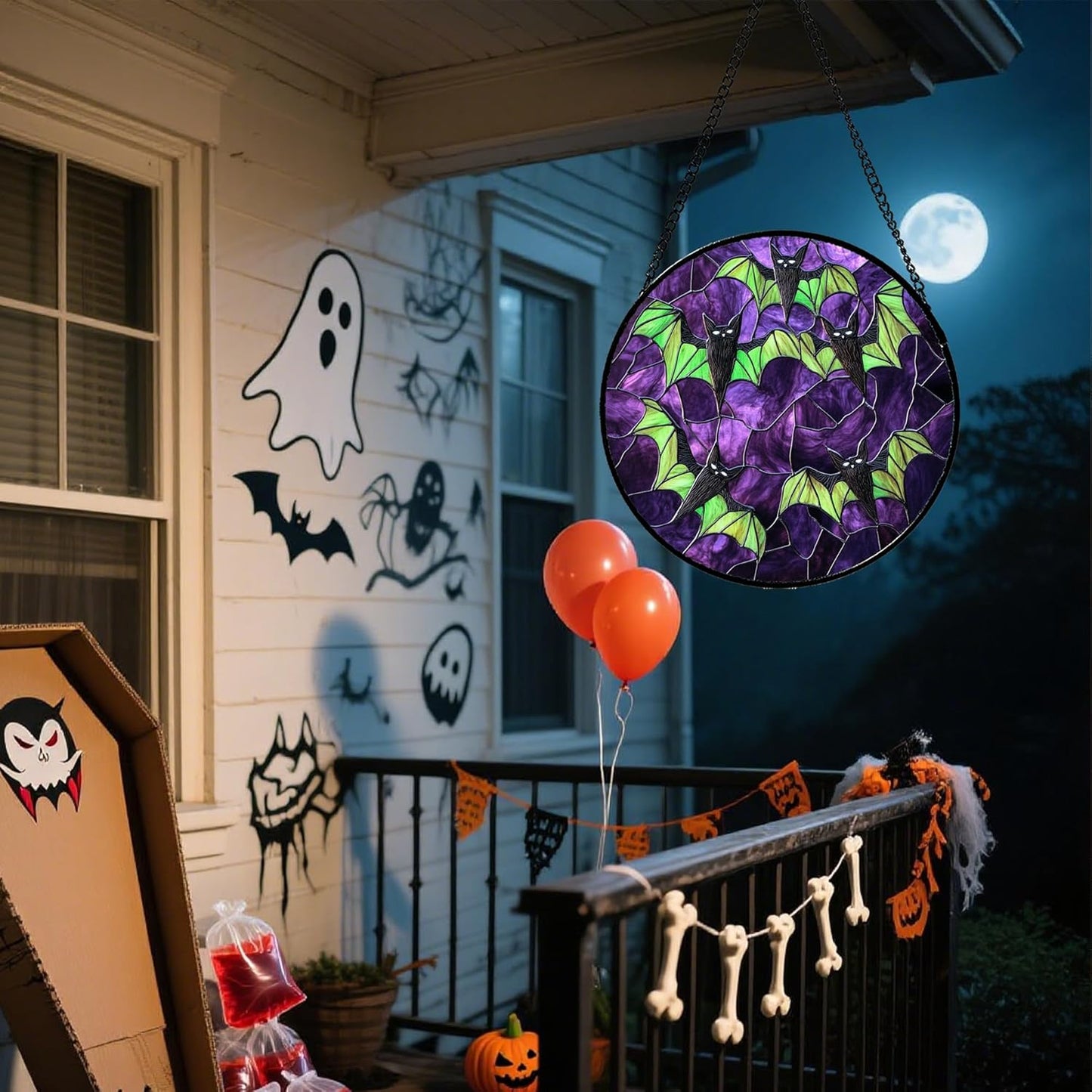 Stained Glass Window Hanging - Halloween Decorations Black Bat with Green Wings Suncatcher for Doors Garden Indoor Spooky Sun Catchers Gothic Decor Horror Gifts for Women Men Friend 15 in