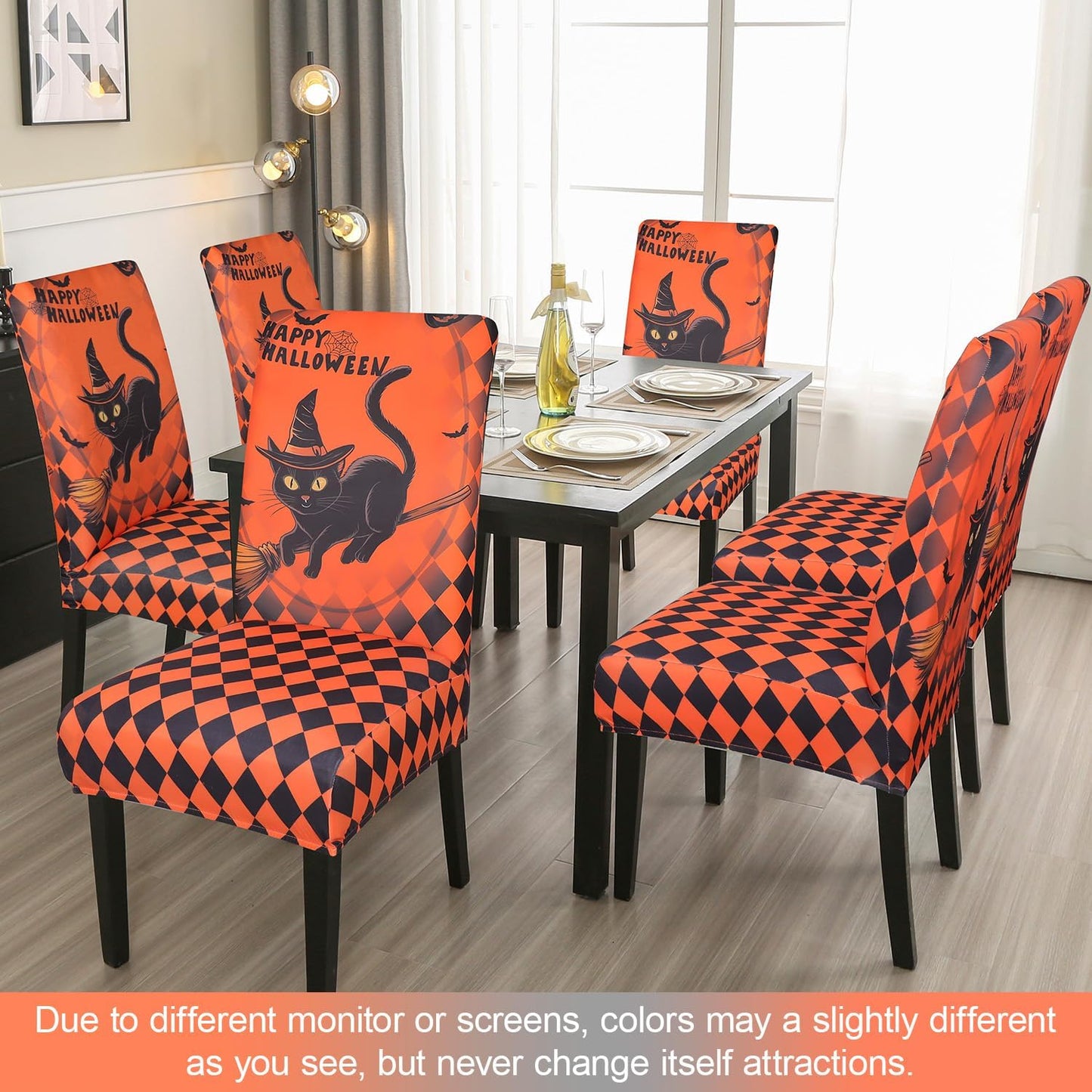 JQinHome Orange Halloween Chair Slipcover,Cat Chair Covers Set of 6, High Stretch Washable Chair Protector Cover for Dining Room, Kitchen,Home Party,Wedding Ceremony(Cat Orange,6PC)