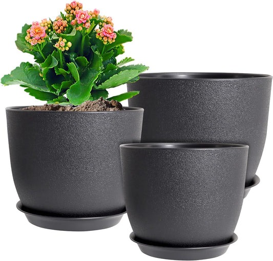 9/8/7.5 inch Plant Pots, Set of 3 Modern Decorative Plastic Planters with Drainage Holes and Tray, Flower Pots for Indoor Outdoor Plants, Black