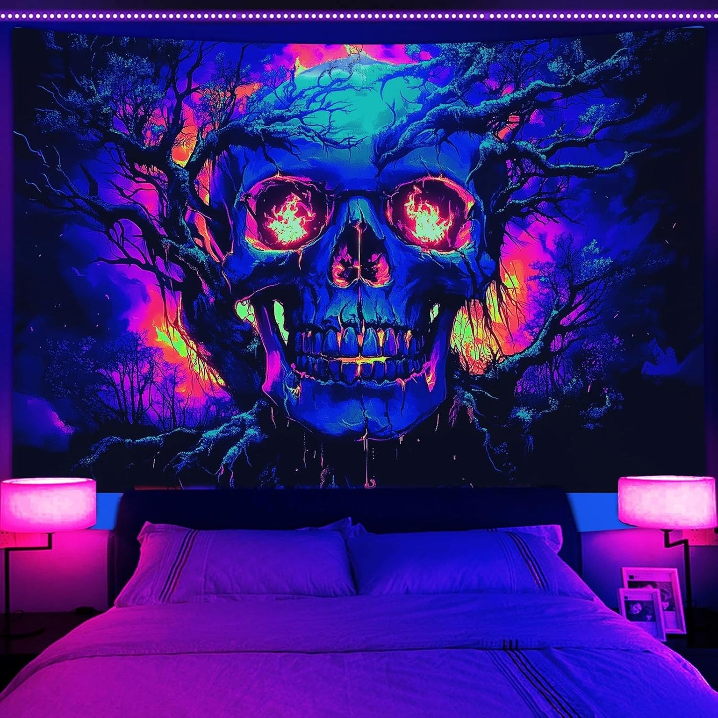 Xiaoput Blacklight Fire Skull Tapestry for Bedroom, Trippy UV Reactive Burning Skeleton Forest Wall Hanging Tapestries, Scary Dark Horror Glow in the Dark Tapestries for Living Room Home Dorm 40X30IN
