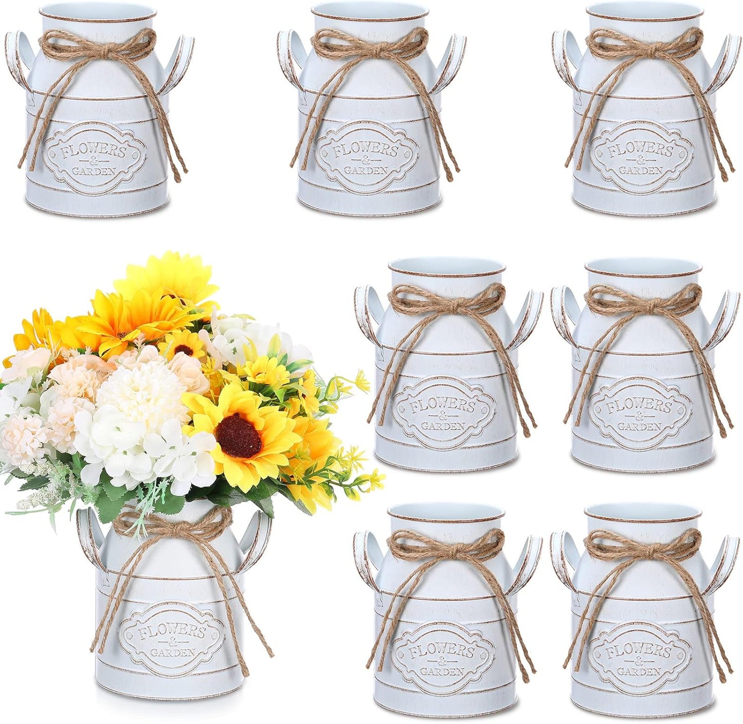 6 Inch Farmhouse Vase Decor Milk Can Vintage Flower Jug Galvanized Metal Vase with Handle Rustic Flower Buckets for Thanksgiving Christmas Table Centerpiece Weddings Gifts(Retro White,8 Pcs)