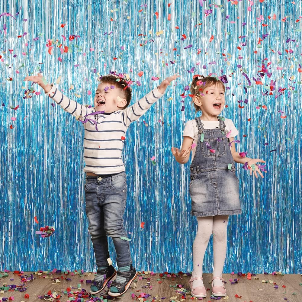 GOER 3.2 ft x 9.8 ft Metallic Tinsel Foil Fringe Curtains Party Photo Backdrop Party Streamers for Birthday,Graduation,New Year Eve Decorations Wedding Decor (Light Blue,1 Pack)