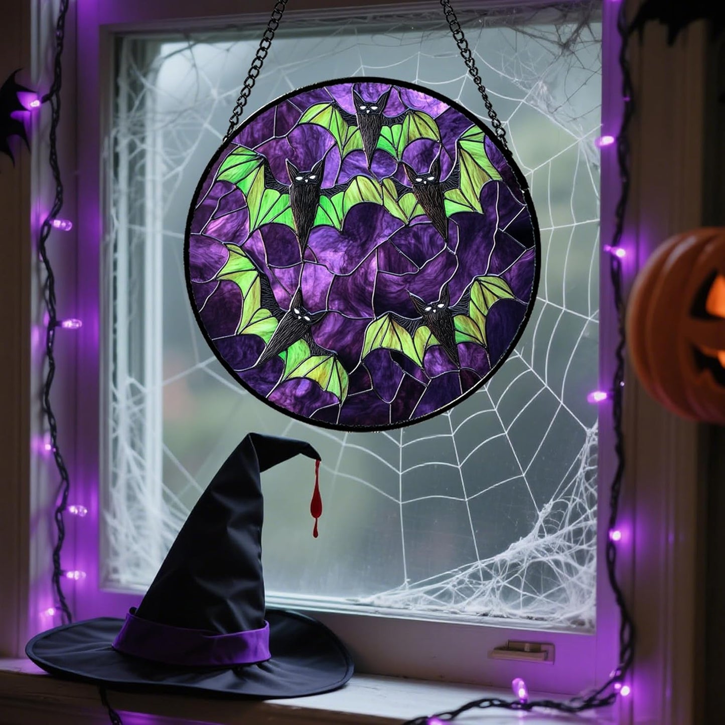 Stained Glass Window Hanging - Halloween Decorations Black Bat with Green Wings Suncatcher for Doors Garden Indoor Spooky Sun Catchers Gothic Decor Horror Gifts for Women Men Friend 11.8 in