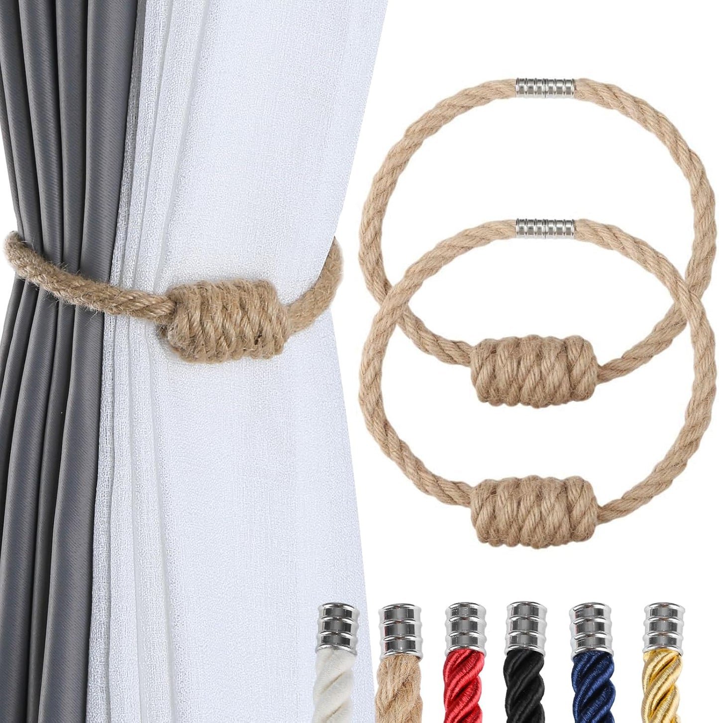 Fenghuangwu 2Pack Magnetic Jute Curtain Tiebacks – Bohemian Style Handmade Woven Tie-Backs for Drapes,Elegant Exquisite Knot Holdbacks,Outdoor Boho & Modern Home Decor