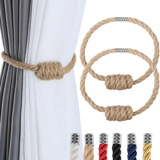 Fenghuangwu 2Pack Magnetic Jute Curtain Tiebacks – Bohemian Style Handmade Woven Tie-Backs for Drapes,Elegant Exquisite Knot Holdbacks,Outdoor Boho & Modern Home Decor