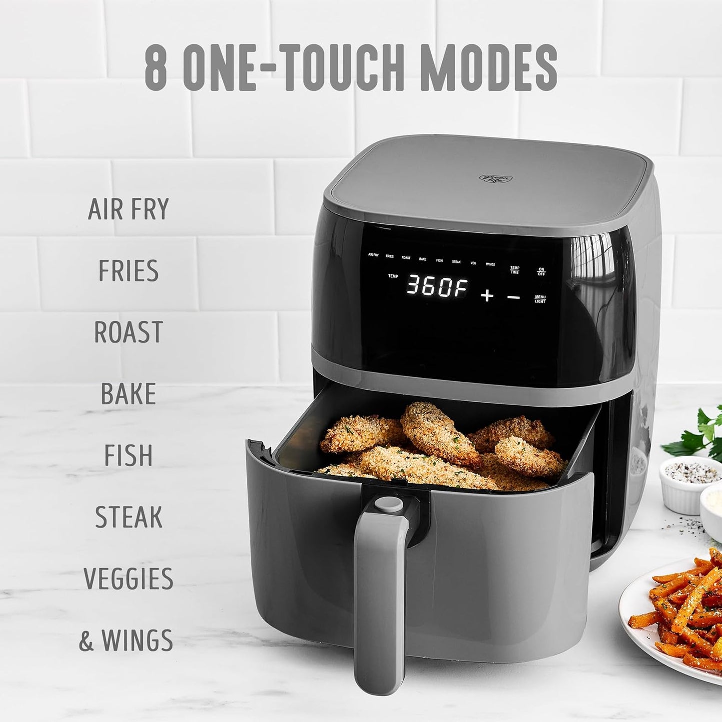 GreenLife Compact Electric Air Fryer Oven, 5.3 QT, PFAS-Free Ceramic Nonstick Drawer, 8 One Touch Digital Display, Easy View Window, Auto Shut-Off Timer, Dishwasher Safe Parts, 1500 Watts, Graphite