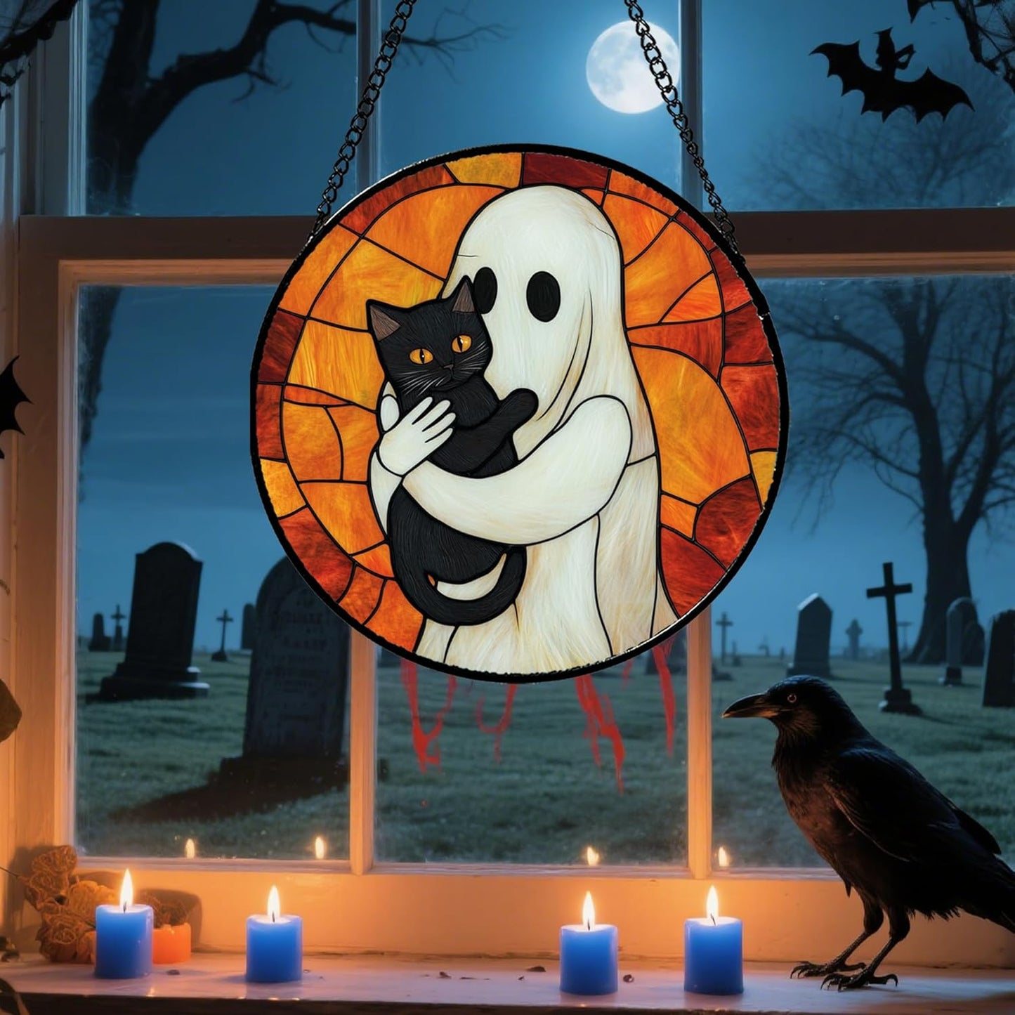 Stained Glass Window Hanging - Halloween Decorations White Ghost Black Cat Suncatcher for Doors Garden Spooky Funny Orange Sun Catchers Gothic Decor Horror Gifts for Women Men Friend 15 in