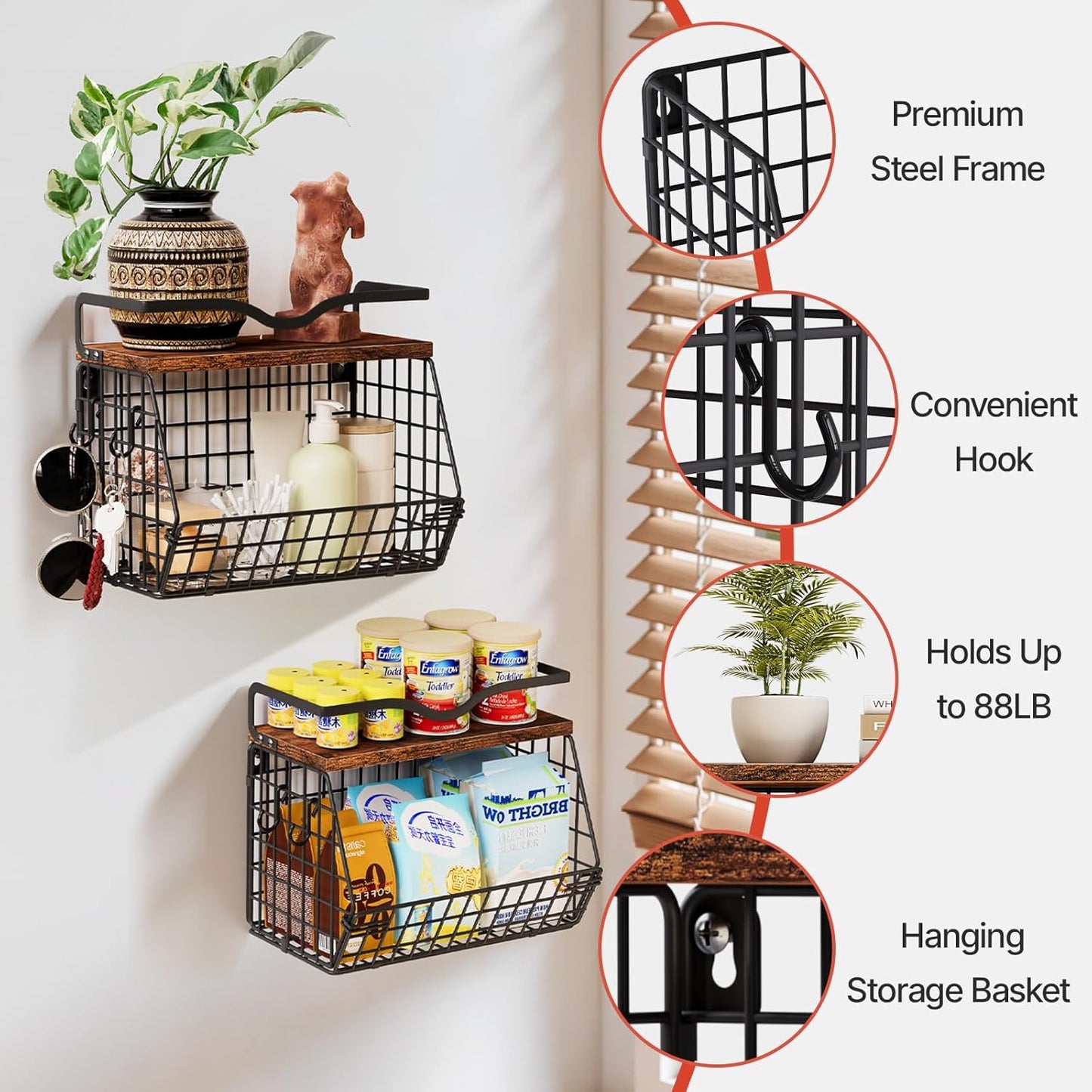 2 Pack Fruit Bowl Hanging Fruit Basket for Kitchen Counter ,Stackable Wire Baskets for Onion Storage and Potato Storage with Wood Lid,Vegetable Fruit Basket with Banana Hooks