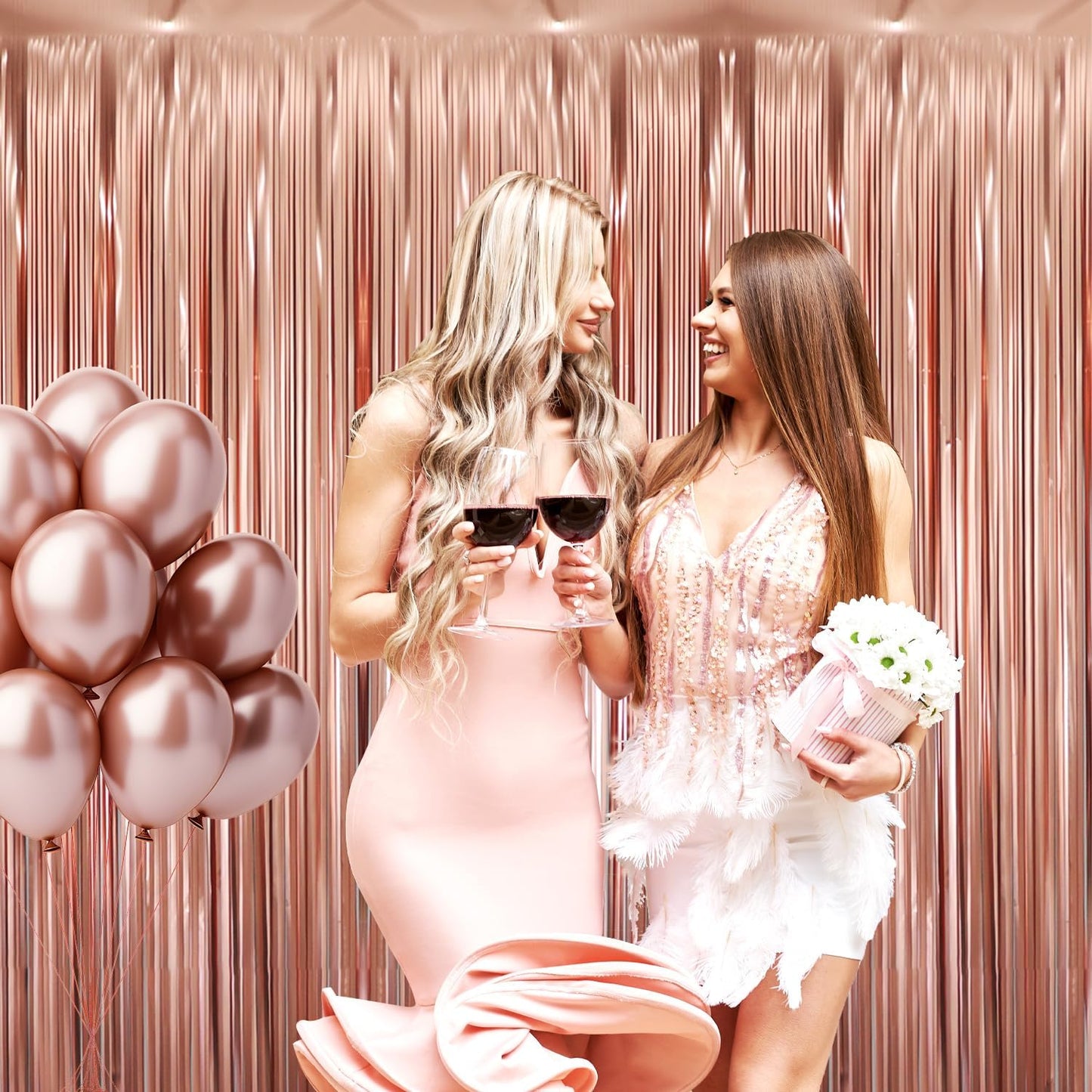 GOER 3.2 ft x 8.2 ft Metallic Tinsel Foil Fringe Curtains Party Photo Backdrop Party Streamers for Birthday,Graduation,New Year Eve Decorations Wedding Decor (3 Pcs,Matte Rose Gold,Thick Material)